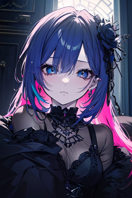 The middle of a journey,(((Super detailed, 8K quality))),,hair above one eye, red eyes, clear eyes, choker, open jacket,anime style, movie portrait photography, 1 female, 22 years ago,椅子にsit、cross your legs、blue eye background, big and full breasts, anger, (scarlet hair), long hair, purple eyes, wearing a short black dress, (natural skin texture vivid details, surreal, (realistic detailed eyes, natural skin texture, realistic facial details), Depth of written boundary, Bokeh, vivid details, surreal, 35mm movie, hazy blur, ,lipstick, ear piercing, eye shadow, hoop earrings, red pink lips, 多色のred eyes, purple theme,Wear an iridescent aura,beautiful eyes,stand in front of the red gate、leaning forward,hanging bangs,sit