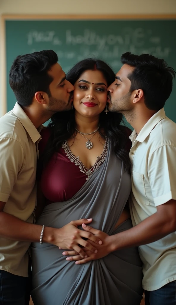 A radiant, full-figured South Indian 45-year-old aunty wearing a blue chiffon saree and blouse, tenderly hugging and kissing a jubilant group of 25-year-old men in living room, captured in a full-body image with vibrant hues and meticulous details.
