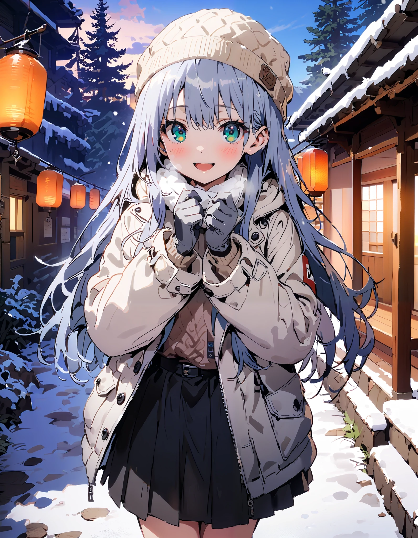 Prohibited bibliography, Green Eyes, Lantern, long hair,smile,blush, open your mouth, White Breath, White Down Coat ,White muffler, knitted hat ,grey gloves ,Black long skirt, boots,morning, standing,snow,whole bodyがイラストに入るように, break outdoors,forest,
break looking at viewer,whole body,
break ( Masterpiece:1.2), top quality , kampala,unity 8k wallpaper,(shape:0.8),( fine, beautiful eyes :1.6),It's a person ,whole body写真,CG Details , ( perfect hands, Complete Anatomy),