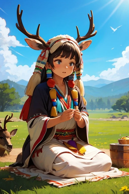 Closed eyes, necklace,plush toy,seams,no humans,cartoonized,solo,full_body,morning,masterpiece\(theme\),pmmkr2024, creature, best quality, trending on artstation,nice art,perfect art,nice detailed art,nice detailed body,nice detailed face,nice detailed hands,orange skin anthropomorphic, 1foxe female,she farmer,black hand,black feet,furry,dress,feminine