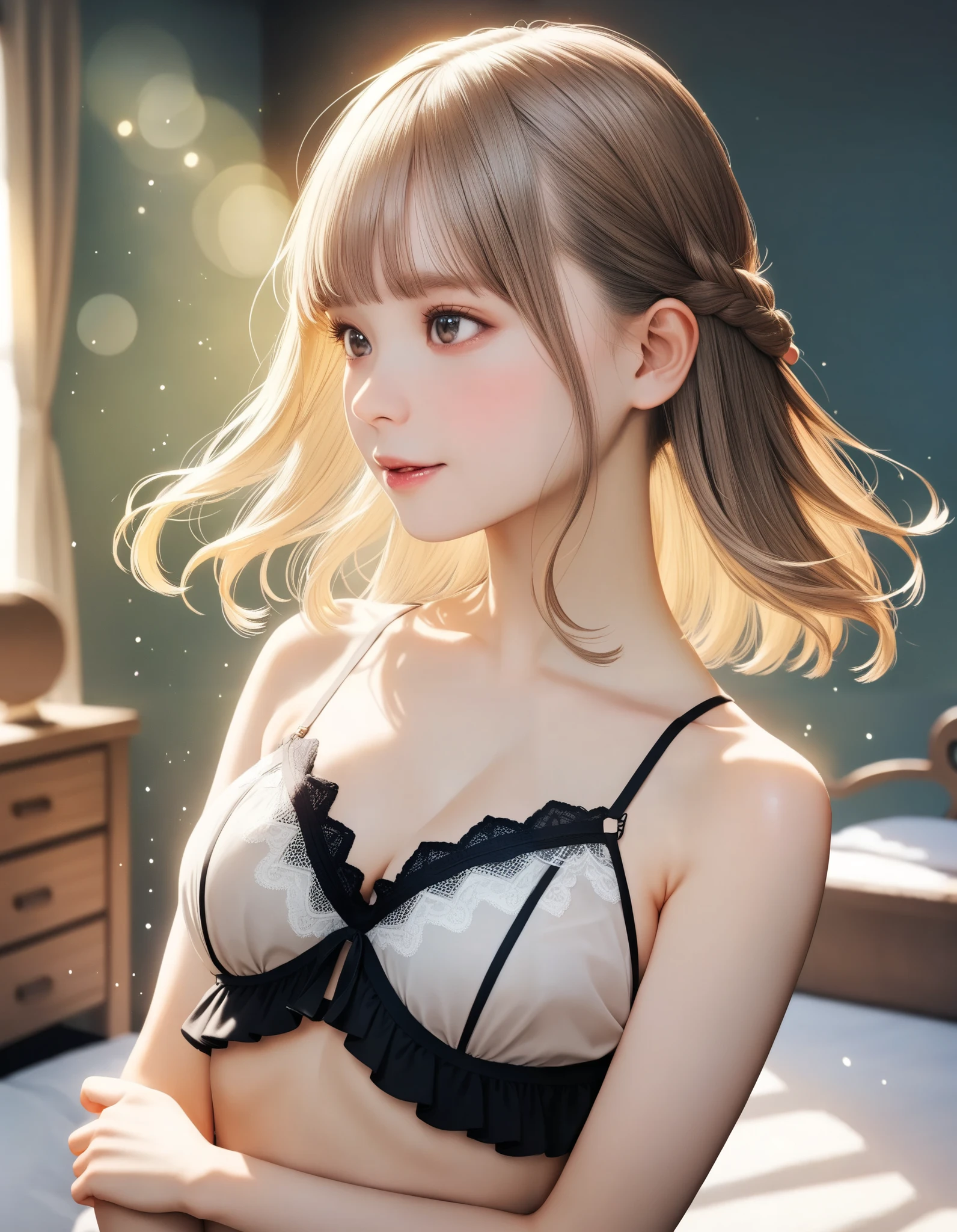 best quality, very aesthetic, absurdres, 16k, super detail, 1girl, FINAL FANTASY XII, Penelo, lingerie, bedroom, morning sunshine, upper body