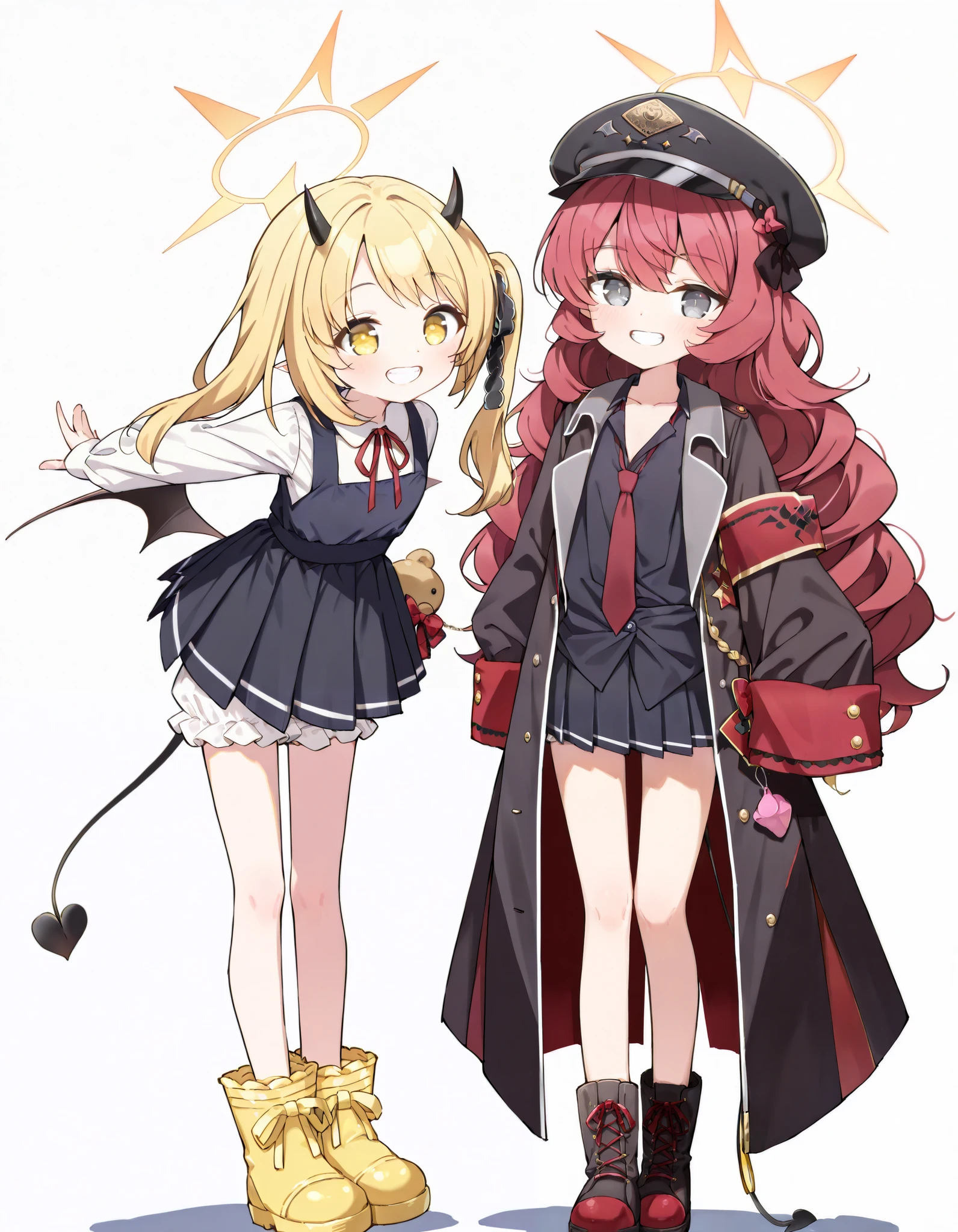 HD, masterpiece, 2girl, standing each other, standing, outdoor, different height body, (( tanga ibuki, ibuki \(blue archive\), blue archive, yellow eyes,blonde hair,side ponytail,halo,hair ribbon,pointy ears,tail,low wings, pinafore dress,white bloomer, yellow boots, happy and confident expression. (ch1ldren playing), short girl, cute girl, (loli:1.2), (ch1ldren:1.2), long straight hair, thin legs, flat chest, flat breasts. (happy, smile, cheerful), short height body)) BREAK ((Iroha, natsume iroha, iroha \(blue archive\),grey eyes,red hair,long hair,halo,hat,black shirt,black skirt,red necktie,boots, tall height body, tall girl, flat chest, flat breasts, cute girl, smile, teeth, happy))