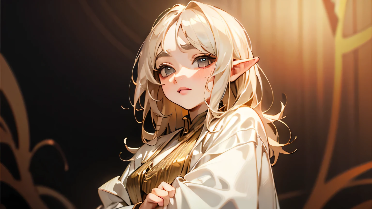 Solo, woman, young adult female, high elf, beautiful, elegant white robes with gold trim, , ager, pale hair, upper body shot, shy pose