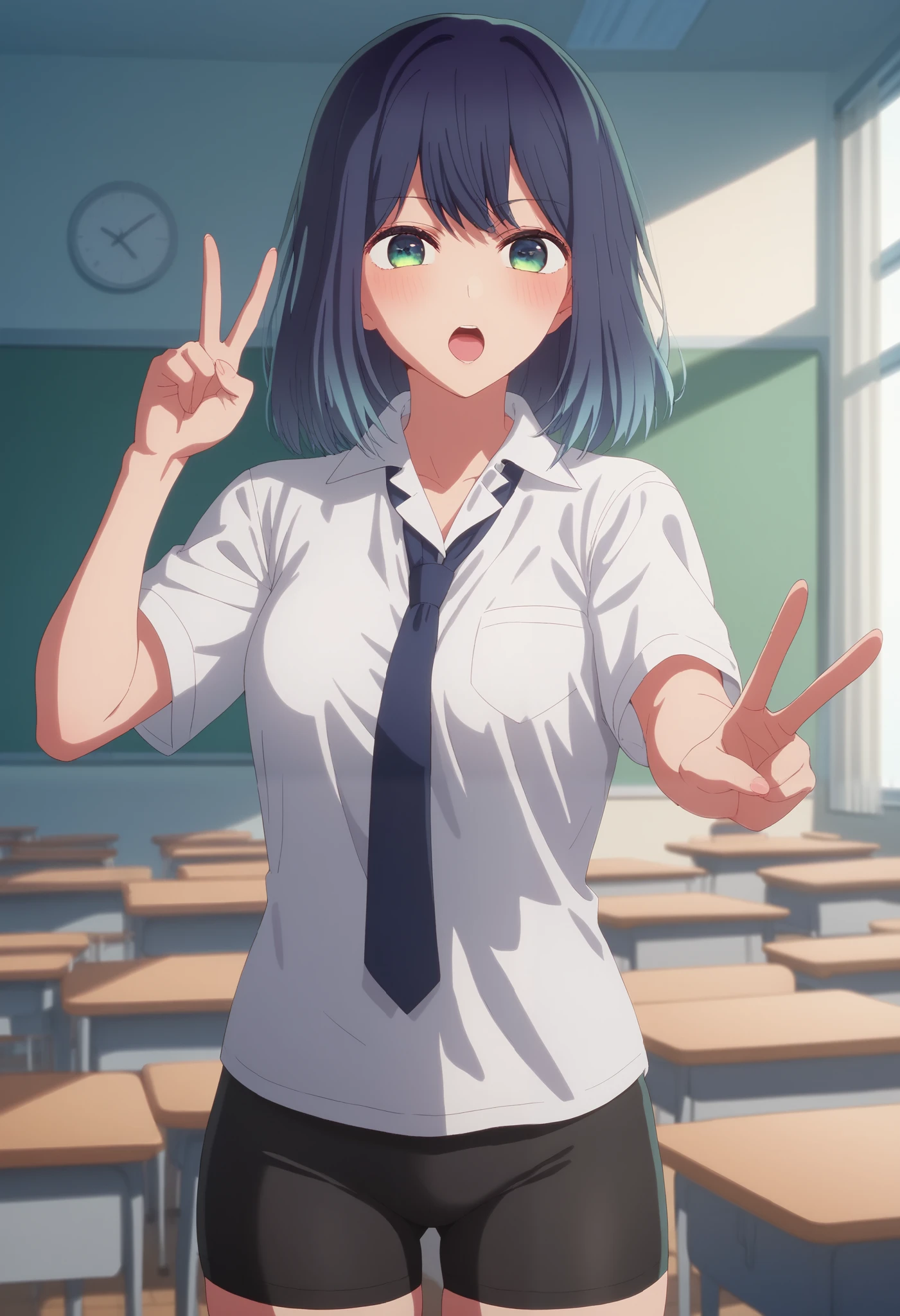 score_9, score_8_up, score_7_up, sauce_anime, ambient light, sunny day, akane kurokawa, bangs, green eyes, blue hair, medium hair, dark blue hair, gradient hair, indoors, school, classroom, standing, cowboy shot, looking at viewer, solo, blush, medium breasts, shirt, white shirt, white shirt collared, short sleeves, school uniform, tie, bike shorts, black shorts, black bike shorts, open mouth, thighs, v-sign, full_body,