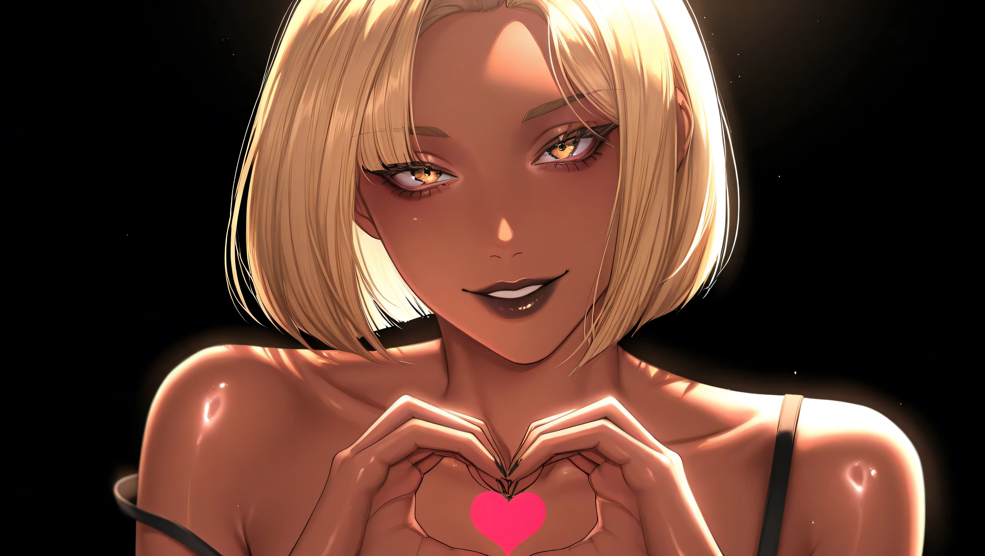best, quality, masterpiece, amazing quality, very aesthetic, high resolution, ultra-detailed, depth of field, volumetric lighting, highly detailed, 8k, newest, BREAK, absurdres,1girl, solo,(bob_cut:1.0),blonde hair, looking at viewer,black_background, simple_background,collarbone,dark skin,dark_skinned_female thick_lips,( solo:1.0) , looking_at_viewer,crop_top, strap_slip, shiny skin,Baddie,portrait,(evil_smile:1.0),manhwa,(heart_hands_🫶:1.0)