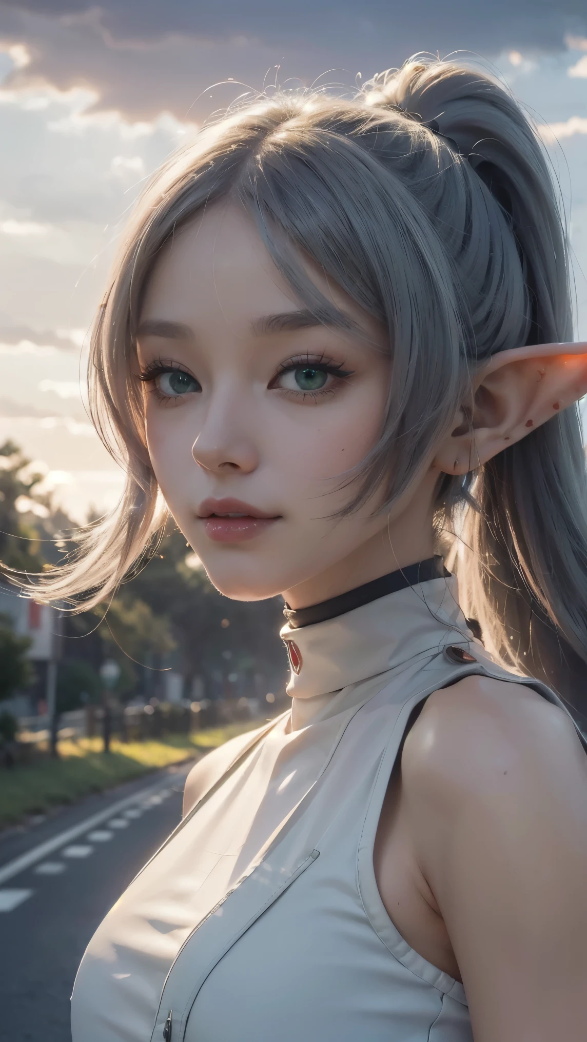Frieren,(best qualityer,4K,8k,high resolution,work of art:1.2)(weather: sunset), Japanese village background, track road, track suit, sleeveless sport top, bodysuit, tight lycra sport shorts, head jewelry, sneakers, eyeliner, long wavy hair, twin tails, white hair, elf ears, ultra detailed, realistic, portrait, beautiful detailed green eyes, glowing eyes, blush, beautiful detailed lips, extremely detailed eye and face, long eyelashes, sexy, average, large breasts, beaming smile, flirty smile, powerful girl, flexing pose, stunning curves, bright coloured, dramatic lighting, starry skies,