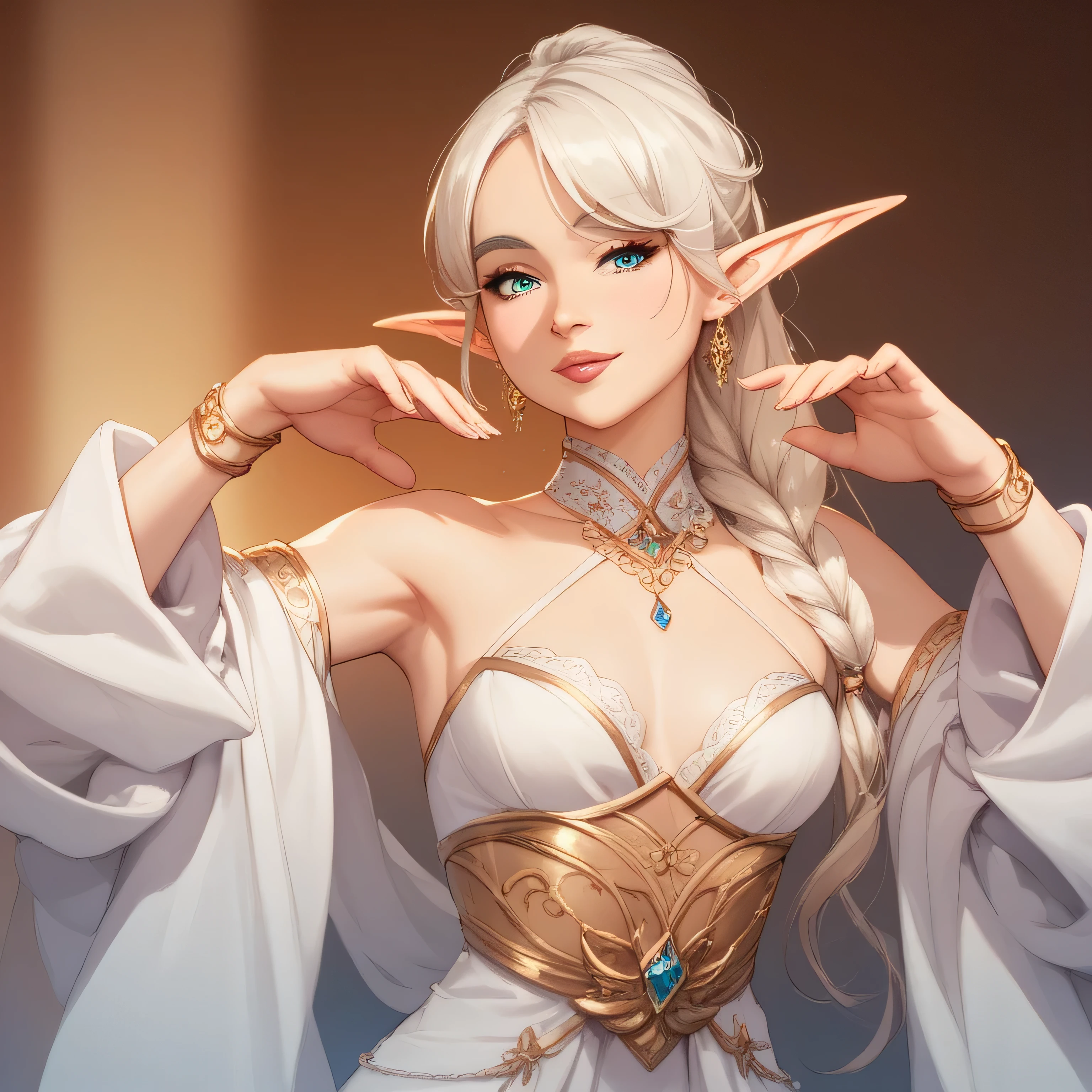 Solo, woman, young adult female, high elf, beautiful, elegant white robes with gold trim, , ager, pale hair, upper body shot, cute pose