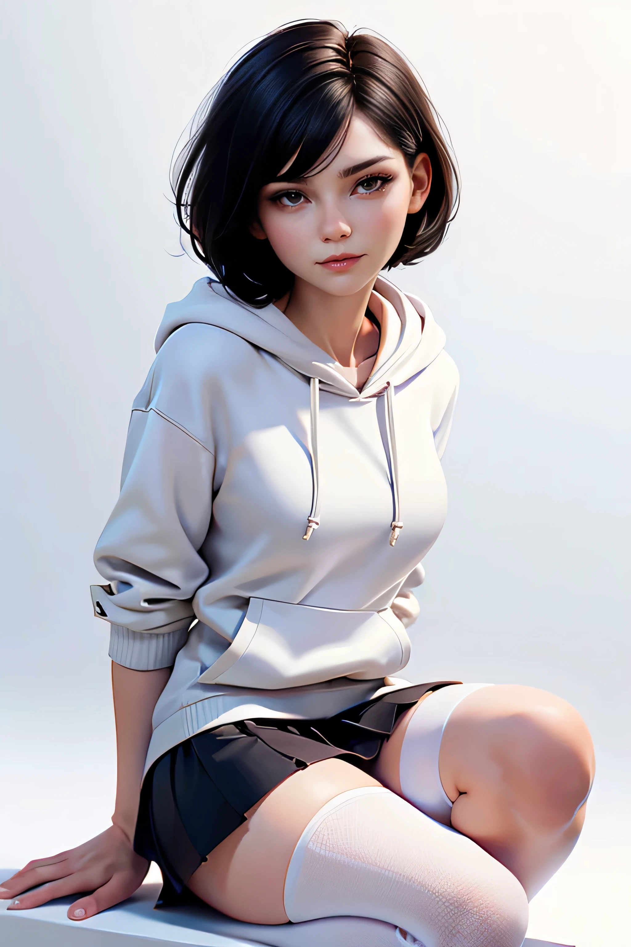 Young woman, short black hair, brown eyes, wearing a white hoodie, black pleated skirt , white thigh-length stockings , natural lighting , ultra resolution , plain white background , without patterns, No textures.