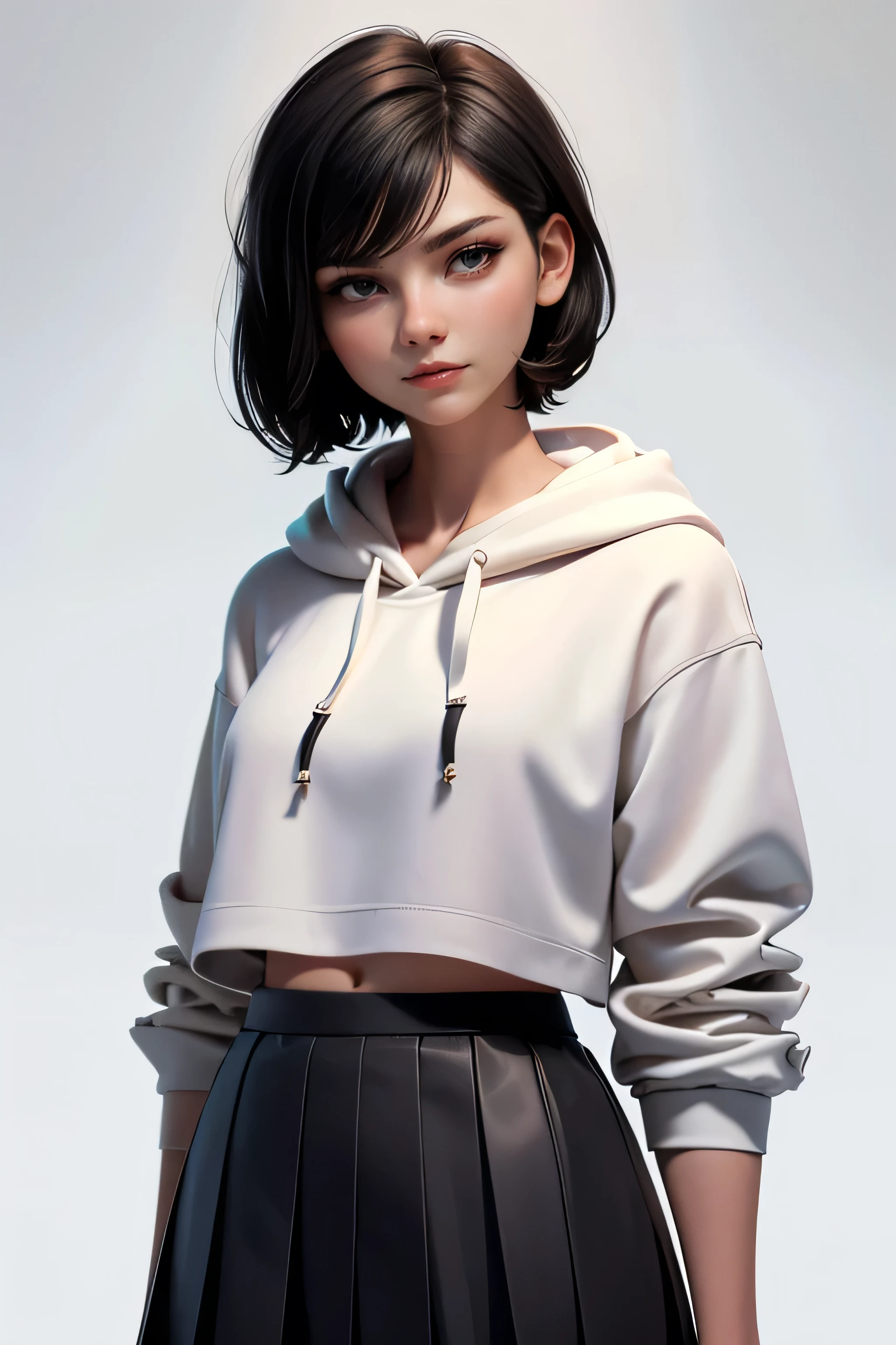 Young woman, short black hair, brown eyes, wearing a white hoodie, black pleated skirt , natural lighting , ultra resolution , plain white background , without patterns, No textures.