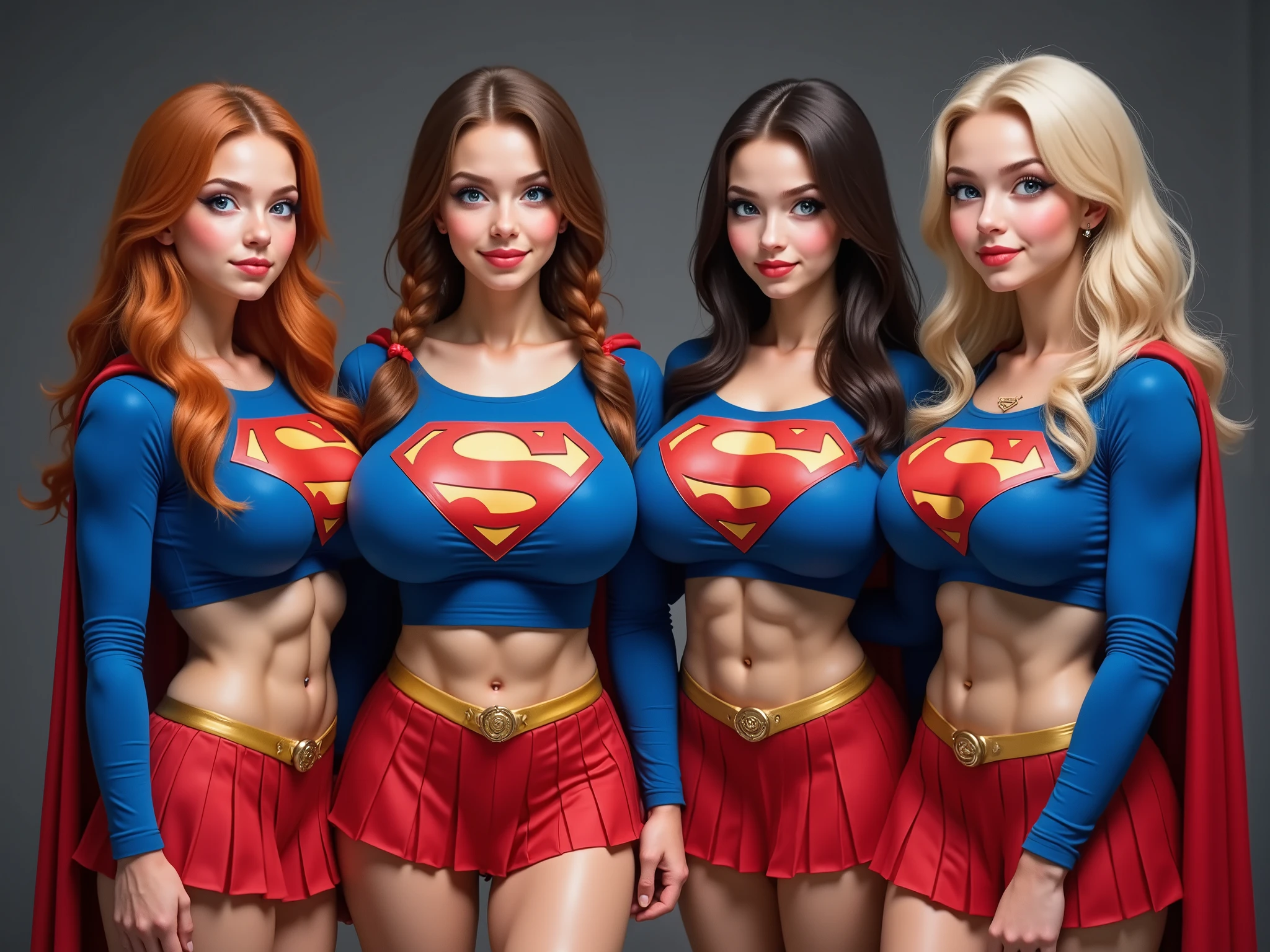 4 BABES. ONE WITH BRUNETTE HAIR, ONE WITH ORANGE/RED BRAIDED HAIR, ONE WITH BLACK HAIR PIG TAILS, ONE WITH BLONDE HAIR IN A PONY TAIL. ALL WITH BLUE EYES. real photograph, 4 young looking incredibly busty MATURE girls with young innocent frightened faces, sexy bodies, and large heavy plump breasts, , deep cleavage, pouty expressions. ALL WEARING AN IDENTICAL CROP TOP BLUE SUPERGIRL LONG SLEEVE CROP TOP COSTUMES WITH LARGE "S" EMBLEMS, RED PLEATED SKIRTS WITH YELLOW SUPERMAN BELTS AND LONG RED CAPES WITH GOLD EDGING. PROUDLY WEARING THE "S" ON THEIR CHESTS., Smile, High Resolution, Detail, High Details, Super Detailed, Textured Skin, Retina, High Quality,
