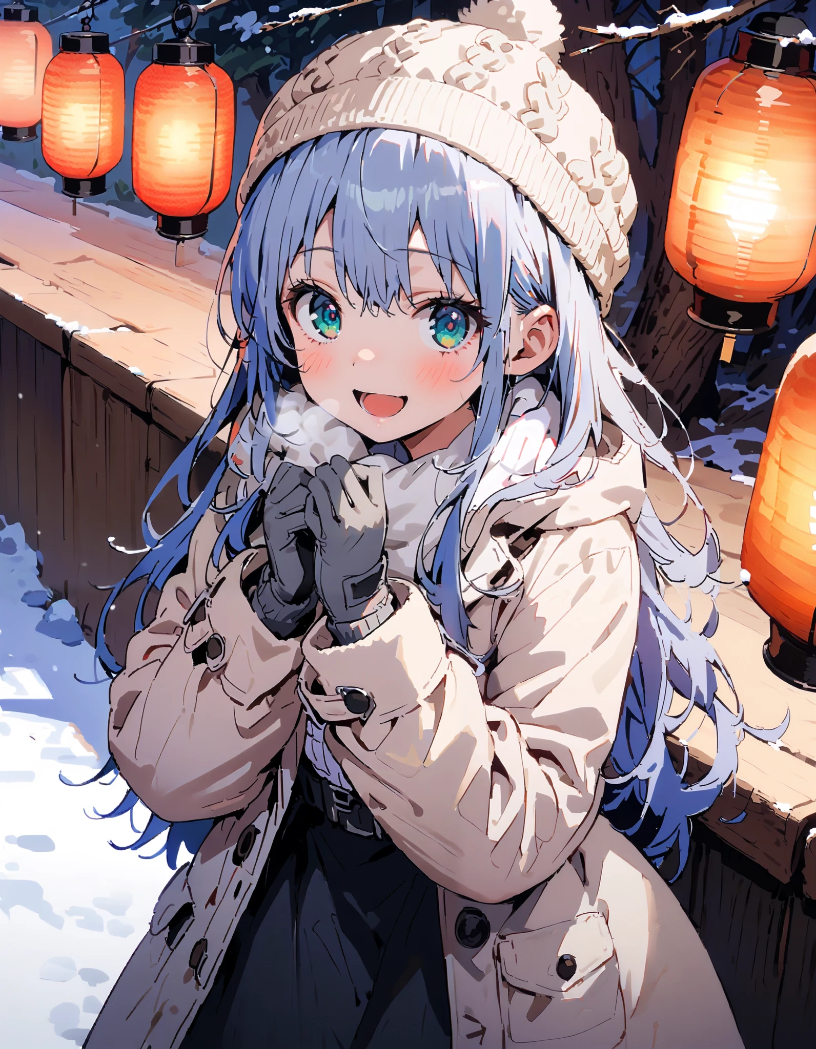 Prohibited bibliography, Green Eyes, Lantern, long hair,smile,blush, open your mouth, White Breath, White Down Coat ,White muffler, knitted hat ,grey gloves ,Black long skirt, boots,morning, standing,snow,whole bodyがイラストに入るように, break outdoors,forest,
break looking at viewer,whole body,
break ( Masterpiece:1.2), top quality , kampala,unity 8k wallpaper,(shape:0.8),( fine, beautiful eyes :1.6),It's a person ,whole body写真,CG Details , ( perfect hands, Complete Anatomy),