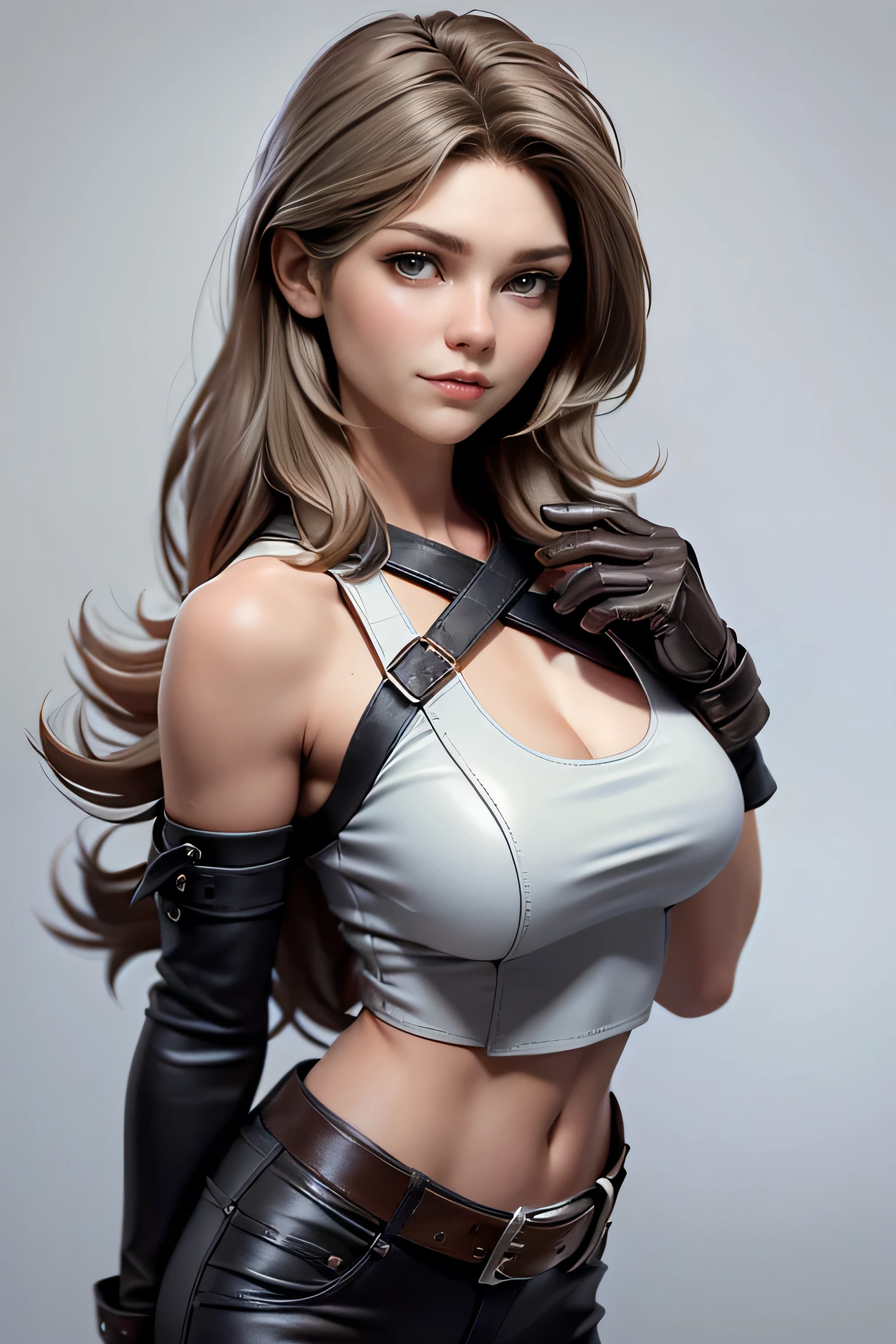 Young woman dark brown eyes, shaggy blond hair , gray leather clothing , Capelina , Gloves, if, straps, natural lighting , ultra resolution , plain white background , without patterns, No textures.