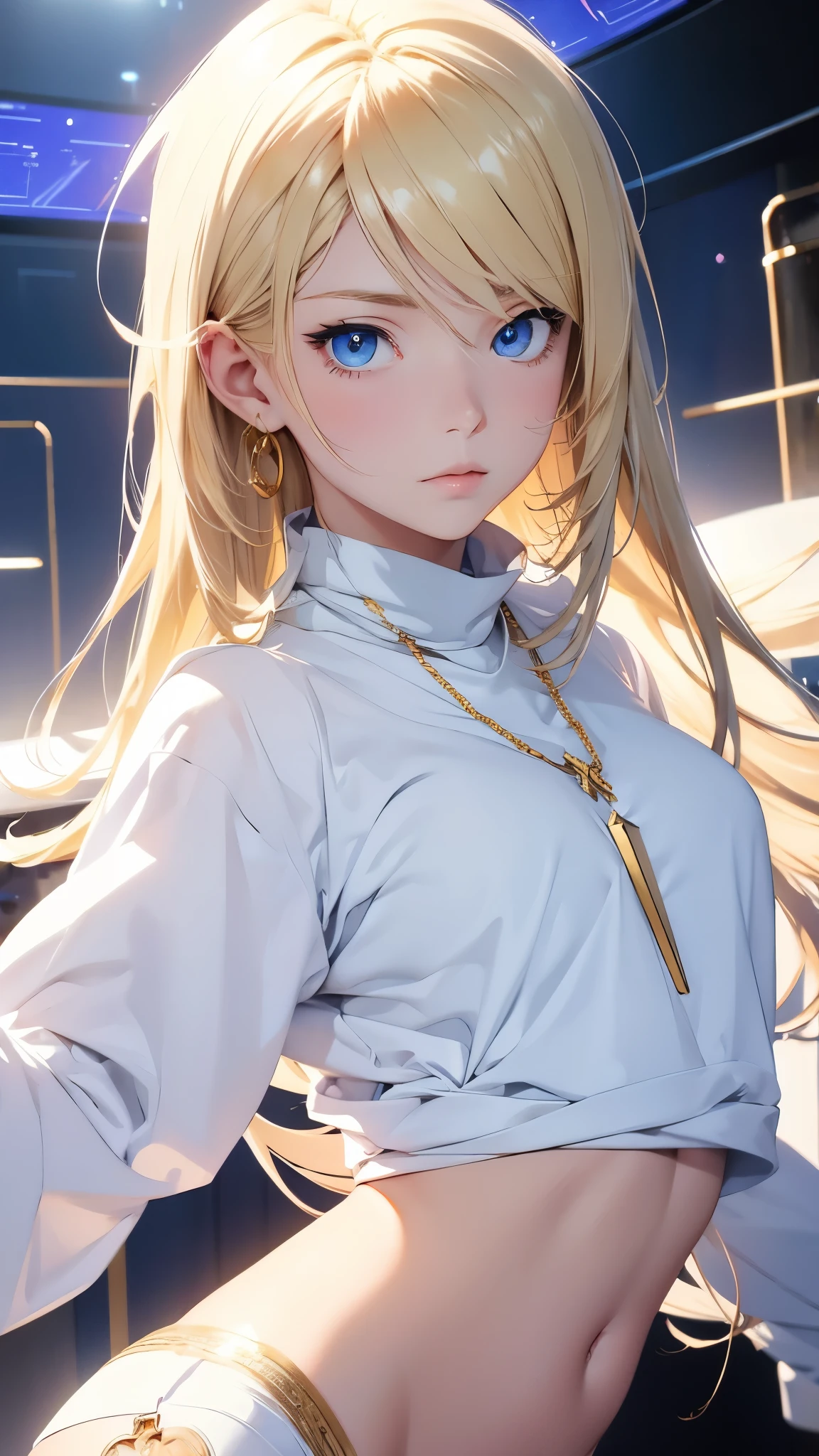 Young blonde anime, aesthetic body, dark blue eyes, wearing white clothes with blue details, in a spaceship, with gold necklace