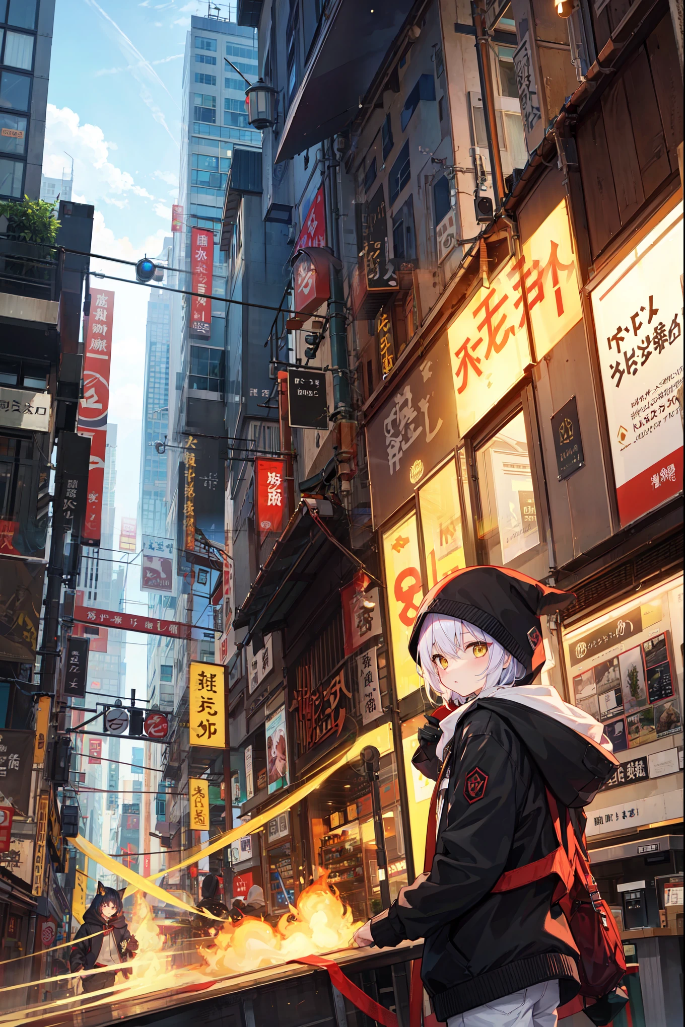 masterpiece, best quality, very aesthetic, absurdres,city ,shino, shino hood, yellow eyes