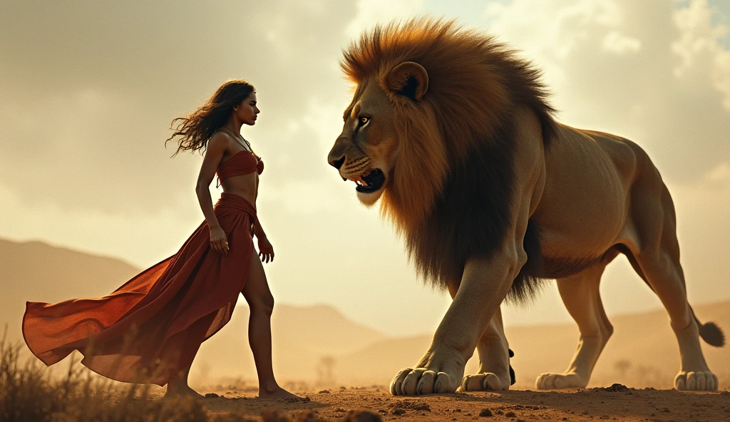 Create a realistic beautiful woman with perfect details running from a furious lion. The environment around her has destroyed buildings on fire.