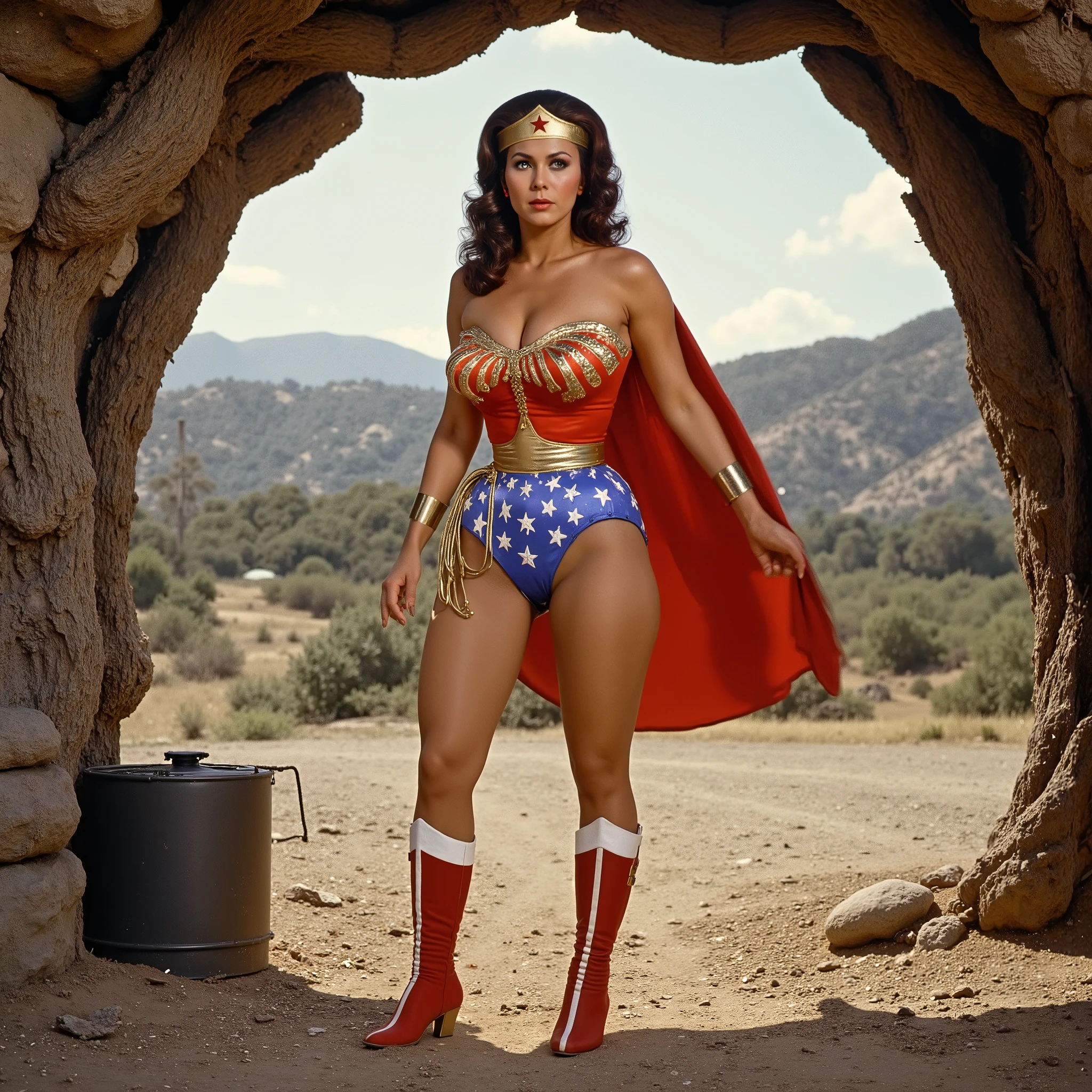 ROPE PERIL SCENE" THRUSTING HER BUSTY CHEST. A SEXY LYNDA CARTER AS THE ICONIC 1960 WONDER WOMAN, WEARING A SPANDEX WONDER WOMAN COSTUME, SPANDEX PATRIOTIC BLUE SKIRT. A RED PATRIOTIC CAPE, RED WONDER WOMAN BOOTS. HER GOLDEN LASSO ATTACHED TO THE SIDE OF HER HIP. CRYSTAL CLEAR ART, CELAN CRISP ART, 4K, 8K, MILLIONS OF TEXTURES AND DETAILS. COMIC BOOK STYLE