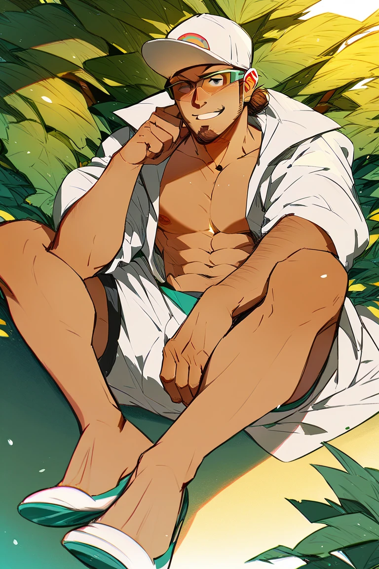 Young man ,short brown hair,laying on the ground in mud,barechest in white transparent boxers.Legs wide opened.looking at his crotch.He has a hand on his crotch with mud on him and his boxer.Anime style and Anatomically correct