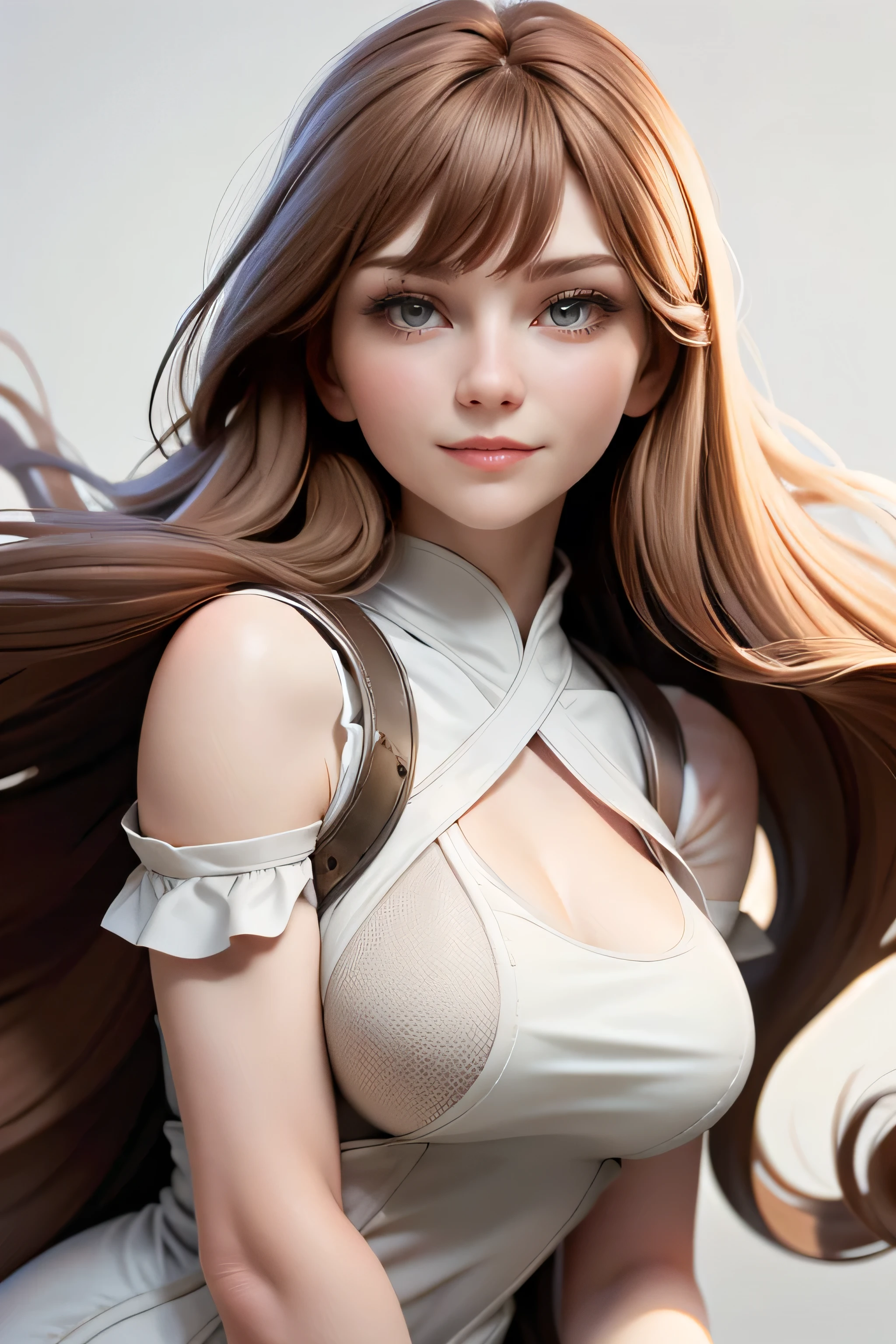 Medieval girl , long hair, color honey brown with bangs and half-curled ends, grey eyes, expression of happiness , natural lighting , ultra resolution , plain white background , without patterns, No textures.