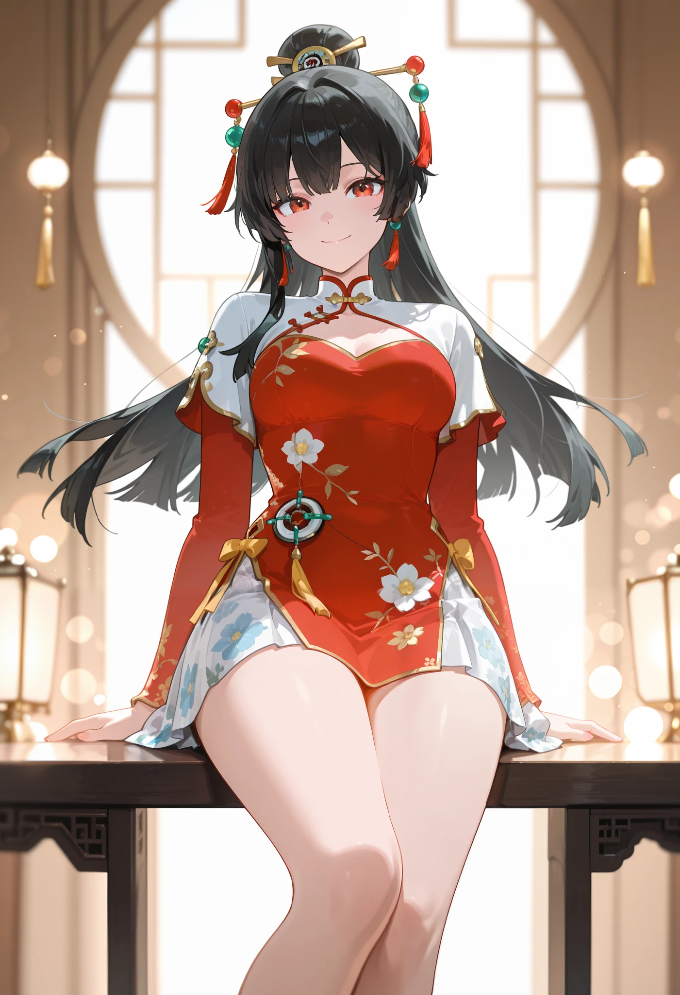 (full bodyesbian:1.5),1 Cheongsam woman,1girl, black hair, Slender figure,perfectly proportions,Delicate hair accessories, Smile,Oriental elements,solid color backdrop, Floral skirt, (Soft lighting, Bokeh),High quality,4K, astrayao, perfect legs
