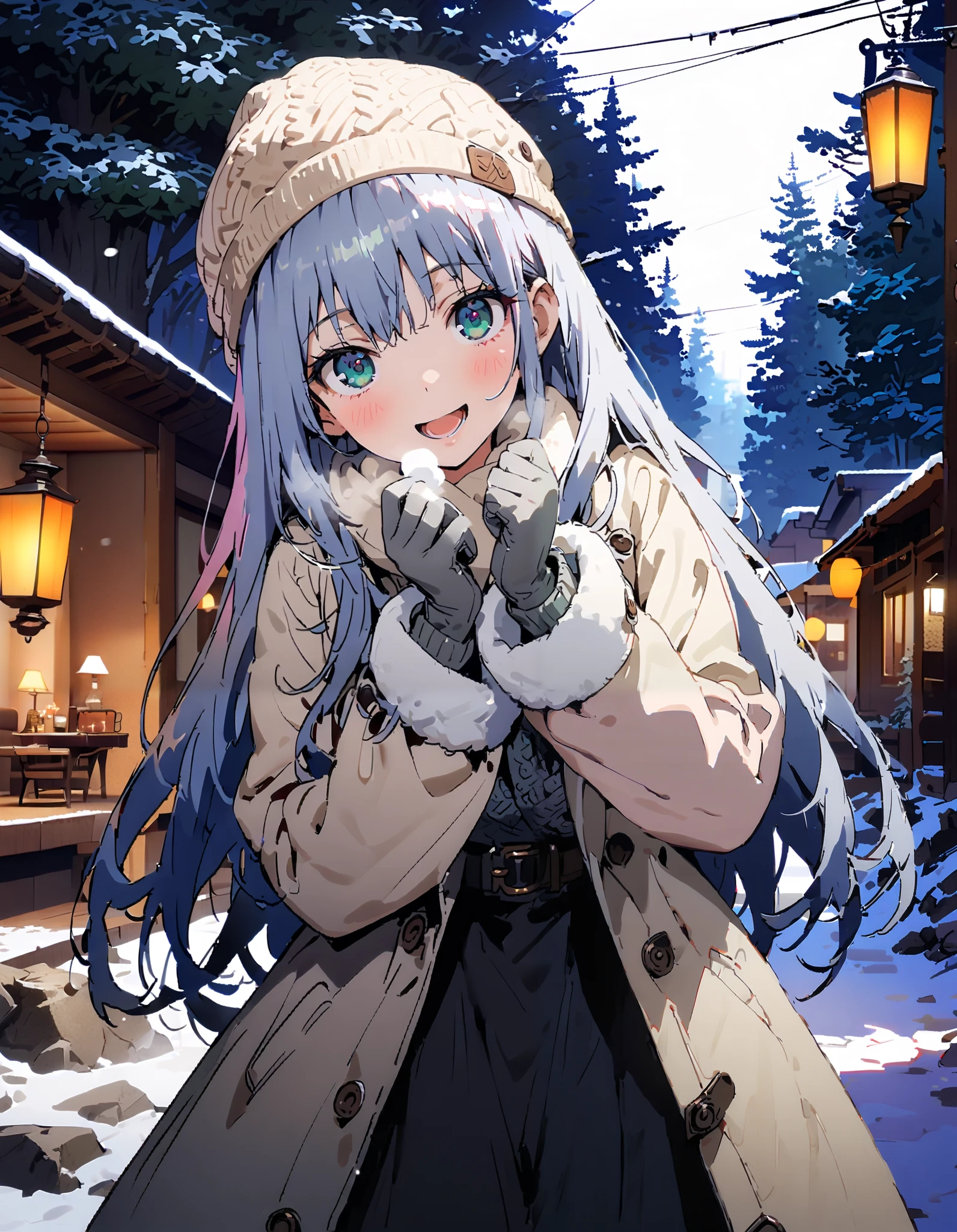 Prohibited bibliography, Green Eyes, Lantern, long hair,smile,blush, open your mouth, White Breath, White Down Coat ,White muffler, knitted hat ,grey gloves ,Black long skirt, boots,morning, standing,snow,whole bodyがイラストに入るように, break outdoors,forest,
break looking at viewer,whole body,
break ( Masterpiece:1.2), top quality , kampala,unity 8k wallpaper,(shape:0.8),( fine, beautiful eyes :1.6),It's a person ,whole body写真,CG Details , ( perfect hands, Complete Anatomy),