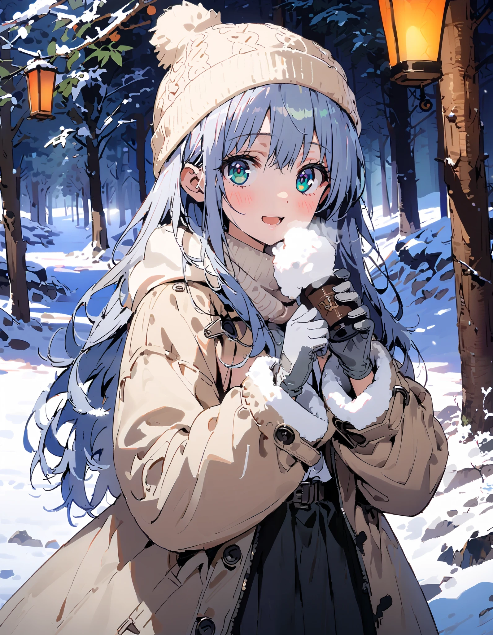 Prohibited bibliography, Green Eyes, Lantern, long hair,smile,blush, open your mouth, White Breath, White Down Coat ,White muffler, knitted hat ,grey gloves ,Black long skirt, boots,morning, standing,snow,whole bodyがイラストに入るように, break outdoors,forest,
break looking at viewer,whole body,
break ( Masterpiece:1.2), top quality , kampala,unity 8k wallpaper,(shape:0.8),( fine, beautiful eyes :1.6),It's a person ,whole body写真,CG Details , ( perfect hands, Complete Anatomy),