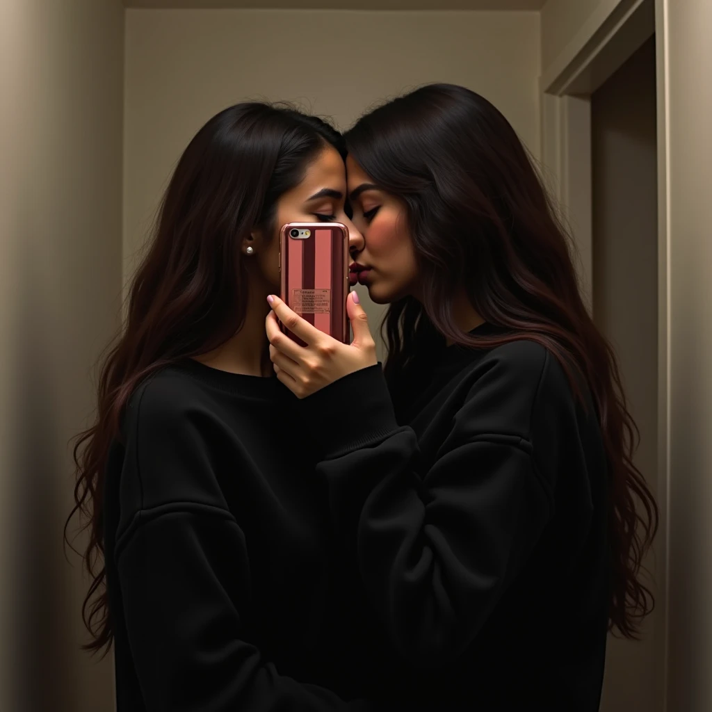 araffes man and woman taking a selfie in a mirror, 😭 🤮 💕 🎀, 😭🤮 💔, 😭 🤧 💔, couple pose, wearing an oversized hoodie, with her long, ✨🕌🌙, 📷 mungojerrie and rumpleteazer, 👁🌹👾, couple, creepy vibe, comfy, by Cam Sykes