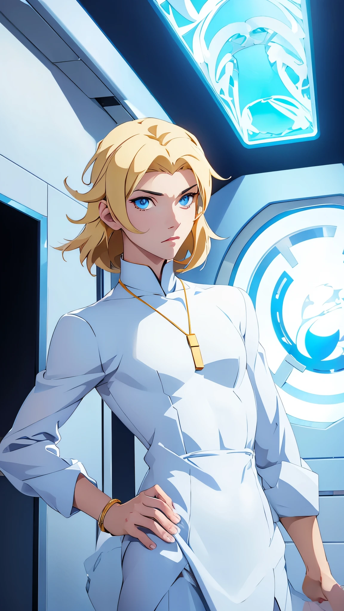 Young blonde anime, aesthetic body, dark blue eyes, wearing white clothes with blue details, in a spaceship, with gold necklace