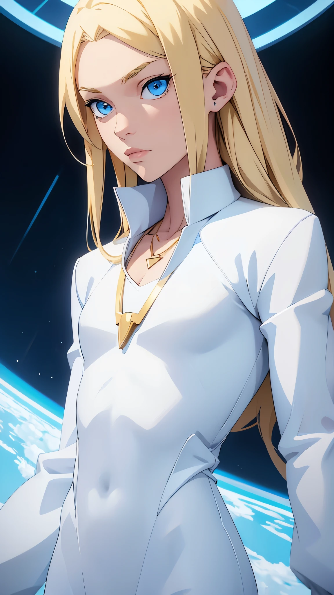 Young blonde anime, aesthetic body, dark blue eyes, wearing white clothes with blue details, in a spaceship, with gold necklace