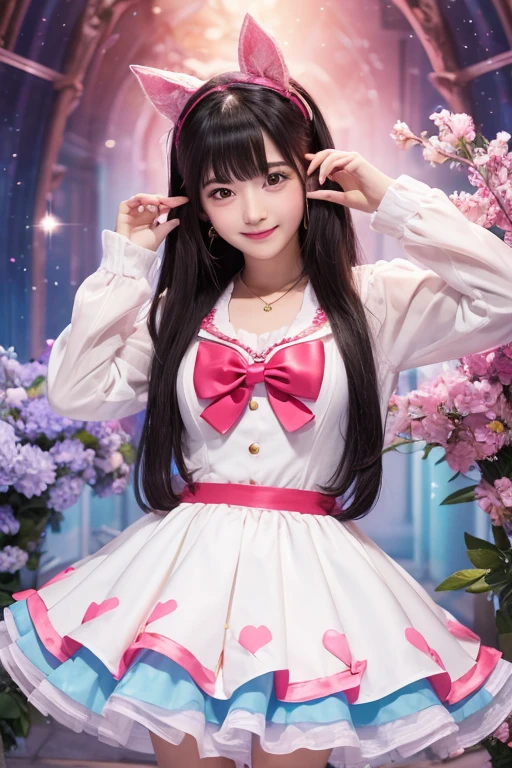Extremely detailed,(Fractal Art:1.1),(Colorful:1.1)(Flowers:1.3)、 (Dynamic Pose), (Abstract background:1.3)、(Many colors:1.4)、Place one small doll on a circular stand、kawaii pose、A smile、A dark-haired、Chibi Doll、Stars in the eyes（kirakira）、Singing with microphone in hand、Eye Up、Laugh、Cute red shoes、Ultra Detail, radiant light、bio luminescent、Stronger bokeh effect、Taken from the side