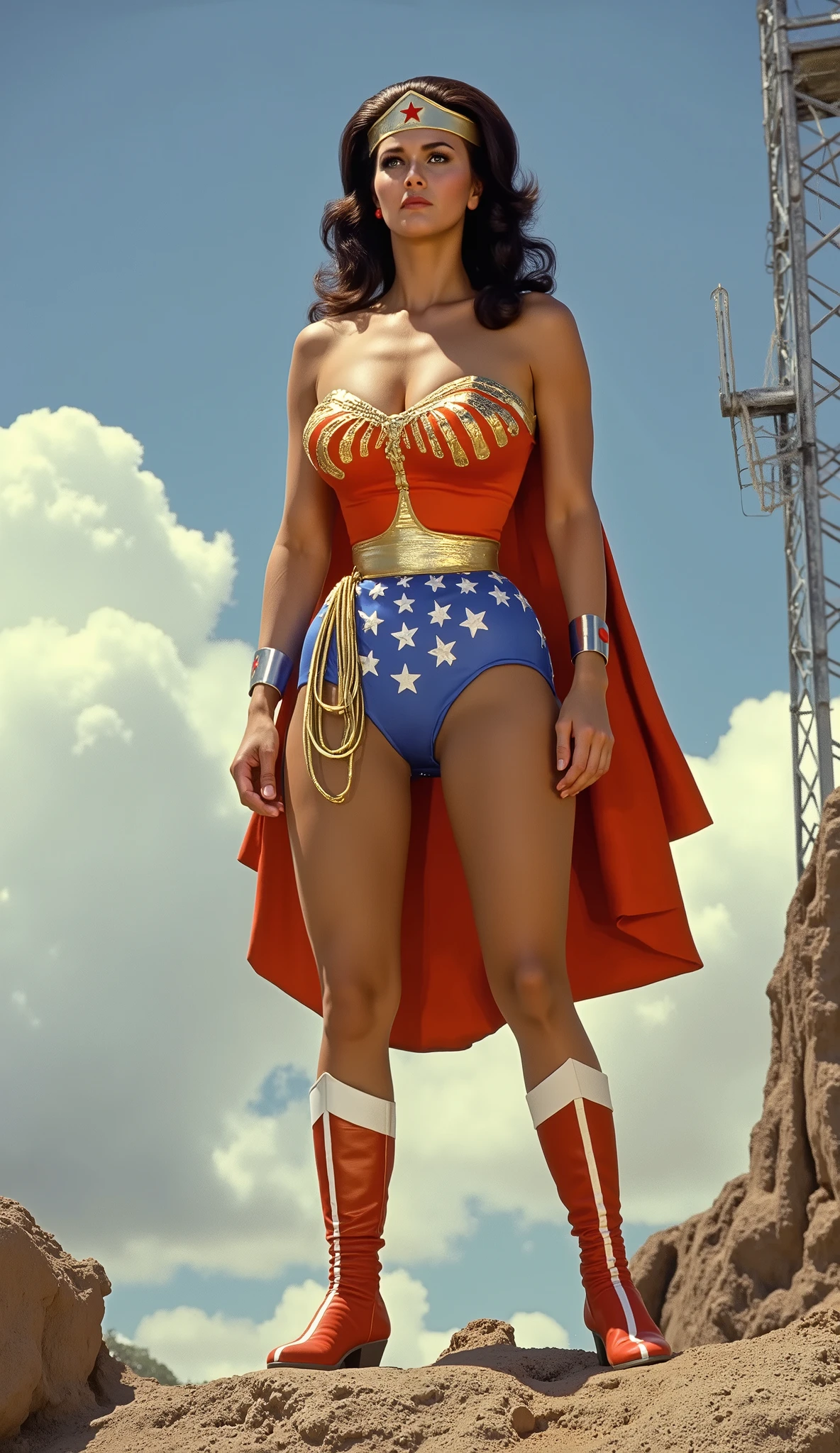 . A SEXY LYNDA CARTER AS THE ICONIC 1960 WONDER WOMAN, WEARING A SPANDEX WONDER WOMAN COSTUME, SPANDEX PATRIOTIC BLUE SKIRT. A RED PATRIOTIC CAPE, RED WONDER WOMAN BOOTS. HER GOLDEN LASSO ATTACHED TO THE SIDE OF HER HIP. CRYSTAL CLEAR ART, CELAN CRISP ART, 4K, 8K, MILLIONS OF TEXTURES AND DETAILS. COMIC BOOK STYLE ROPE PERIL SCENE" THRUSTING HER BUSTY CHEST