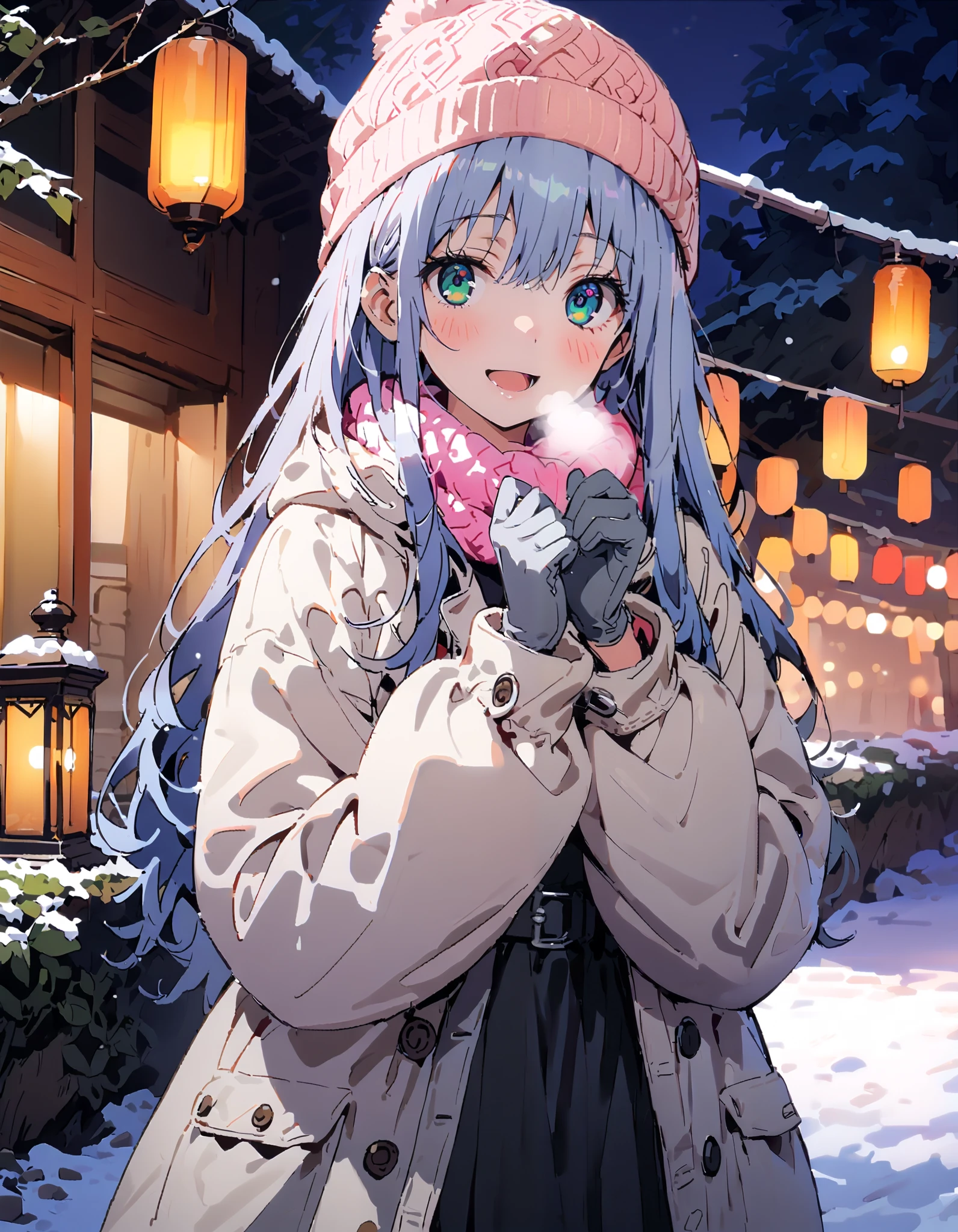 Prohibited bibliography, Green Eyes, Lantern, long hair,smile,blush, open your mouth, White Breath, White Down Coat ,White muffler, knitted hat ,grey gloves ,Black long skirt, boots,morning, standing,snow,whole bodyがイラストに入るように, break outdoors,forest,
break looking at viewer,whole body,
break ( Masterpiece:1.2), top quality , kampala,unity 8k wallpaper,(shape:0.8),( fine, beautiful eyes :1.6),It's a person ,whole body写真,CG Details , ( perfect hands, Complete Anatomy),