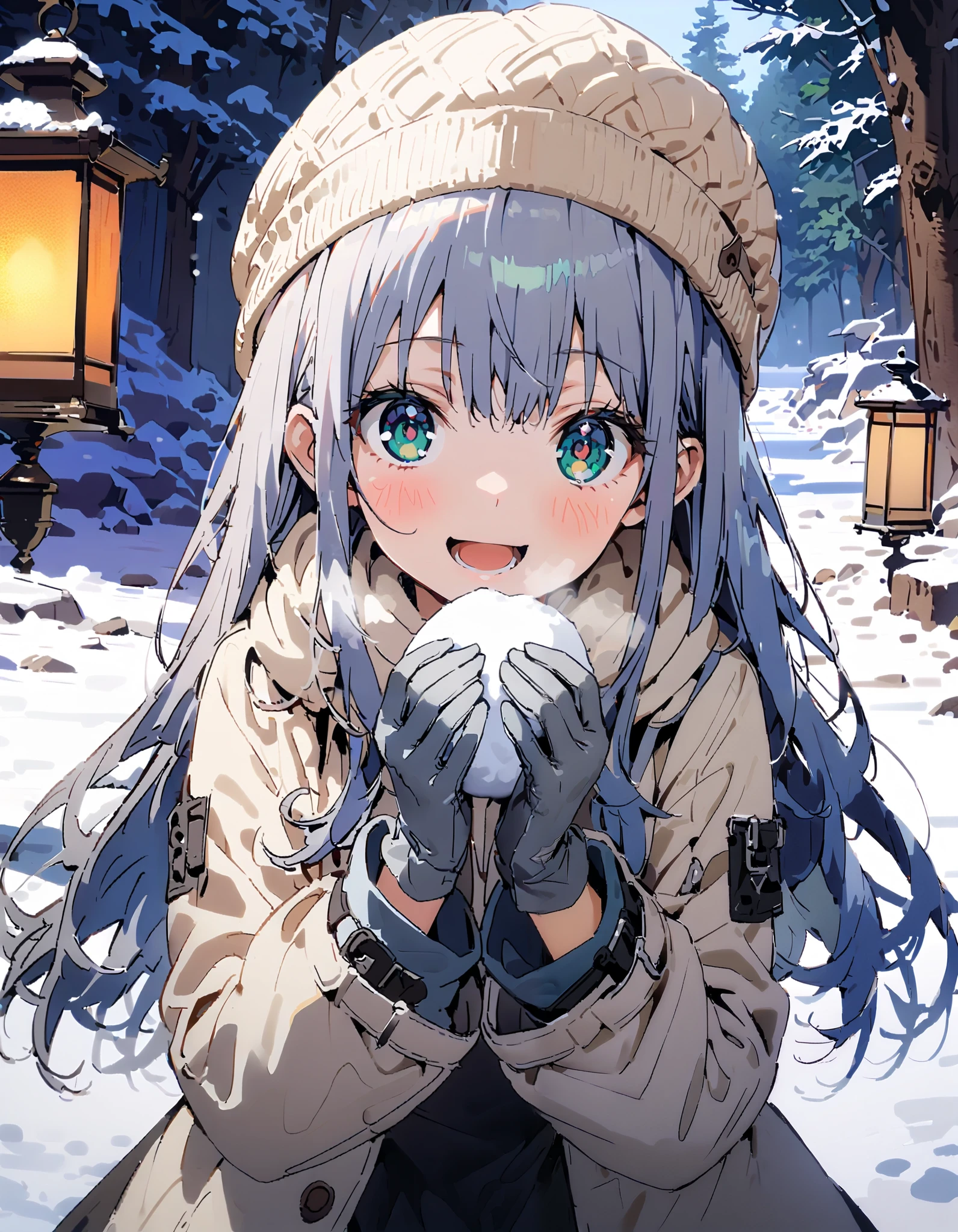 Prohibited bibliography, Green Eyes, Lantern, long hair,smile,blush, open your mouth, White Breath, White Down Coat ,White muffler, knitted hat ,grey gloves ,Black long skirt, boots,morning, standing,snow,whole bodyがイラストに入るように, break outdoors,forest,
break looking at viewer,whole body,
break ( Masterpiece:1.2), top quality , kampala,unity 8k wallpaper,(shape:0.8),( fine, beautiful eyes :1.6),It's a person ,whole body写真,CG Details , ( perfect hands, Complete Anatomy),