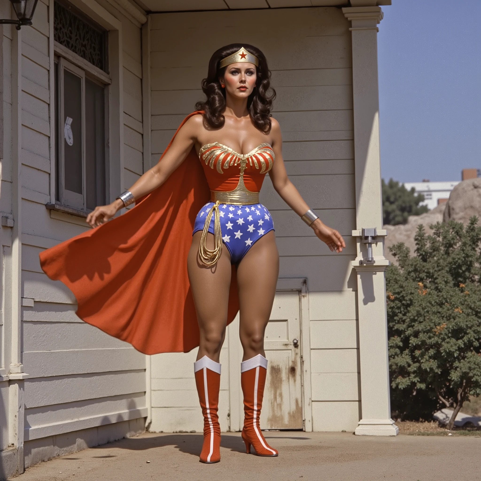 ROPE PERIL SCENE" THRUSTING HER BUSTY CHEST. A SEXY LYNDA CARTER AS THE ICONIC 1960 WONDER WOMAN, WEARING A SPANDEX WONDER WOMAN COSTUME, SPANDEX PATRIOTIC BLUE SKIRT. A RED PATRIOTIC CAPE, RED WONDER WOMAN BOOTS. HER GOLDEN LASSO ATTACHED TO THE SIDE OF HER HIP. CRYSTAL CLEAR ART, CELAN CRISP ART, 4K, 8K, MILLIONS OF TEXTURES AND DETAILS. COMIC BOOK STYLE