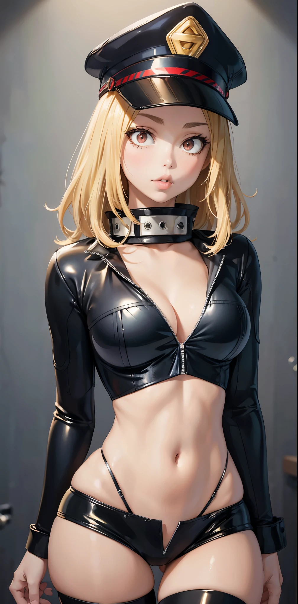 optimum,tmasterpiece,A high resolution,best qualtiy,hyper HD,super detailing,Award-Awarded,16k,独奏,((The upper part of the body)),((Bust)),anatomy correct,Beautiful cyberpunk girl,cute face,,Gradient Beige Hair,Hairline,((Dark golden eyes)),long eyelasher,Hanging eye corners,White skin of the,(small boobs),(Slim body),((Women's super short shawl leather jacket)),((goth style,bikesuit)),(()),ear studs,(Neck strap),(Laser material clothing:1.2)