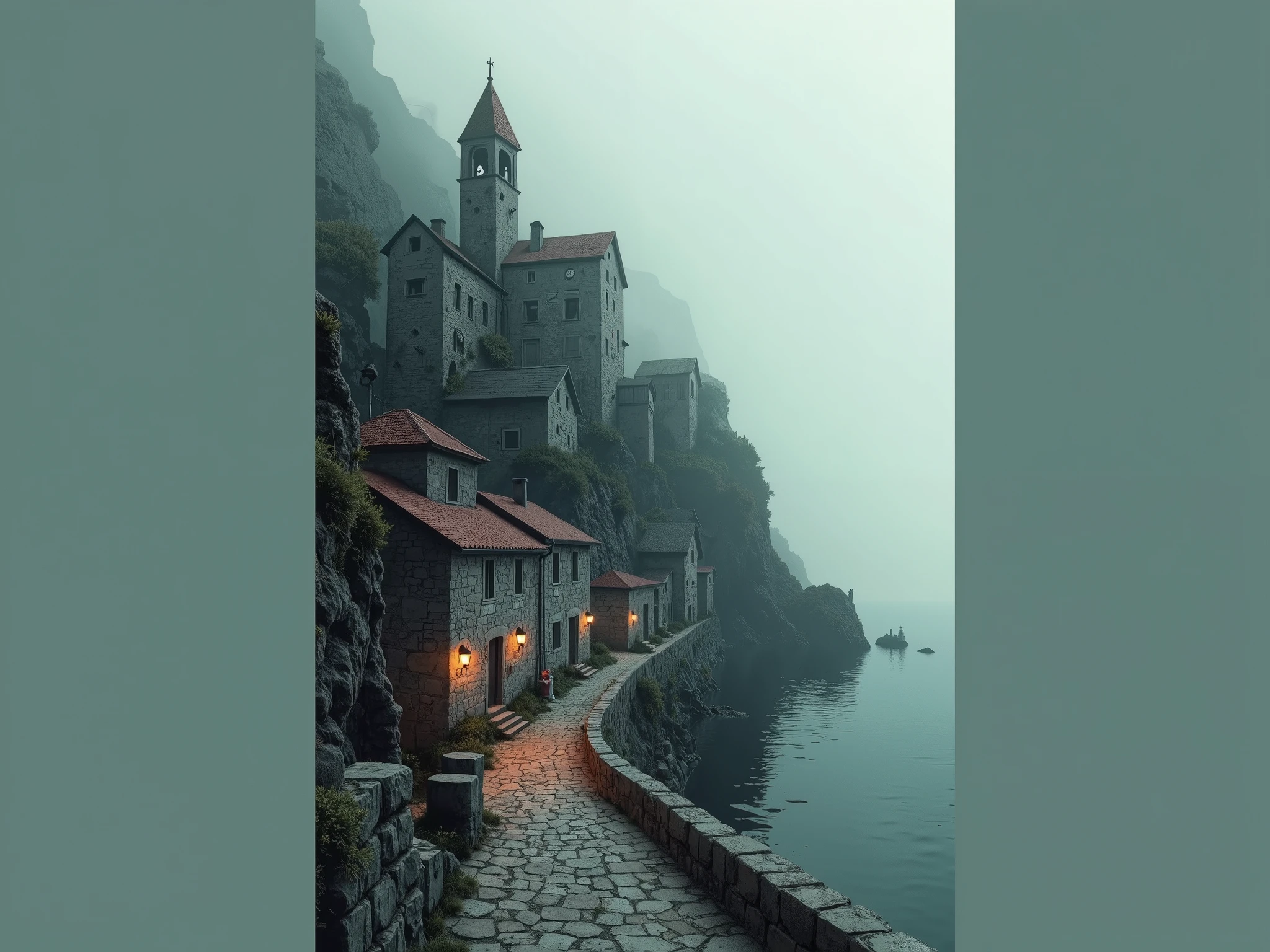 A mysterious and isolated village between the hinterland and the sea , wrapped in dense fog at dawn . The stone houses, covered with moss and maresia marks , line up crooked streets , giving the impression that they were forced to exist there . The scene is drawn in the style of charcoal pencils , with loose and expressive features , similar to an animated storyboard . small details, like curtains swaying in the wind and roofs worn by time , are highlighted with soft touches of red in Watercolor , adding an ethereal and melancholic touch . The villa extends to the edge of the dark sea , where a distant lighthouse projects its pale light through the fog. The panoramic composition emphasizes the solitude of the place , creating an atmosphere filled with mystery and melancholy .
