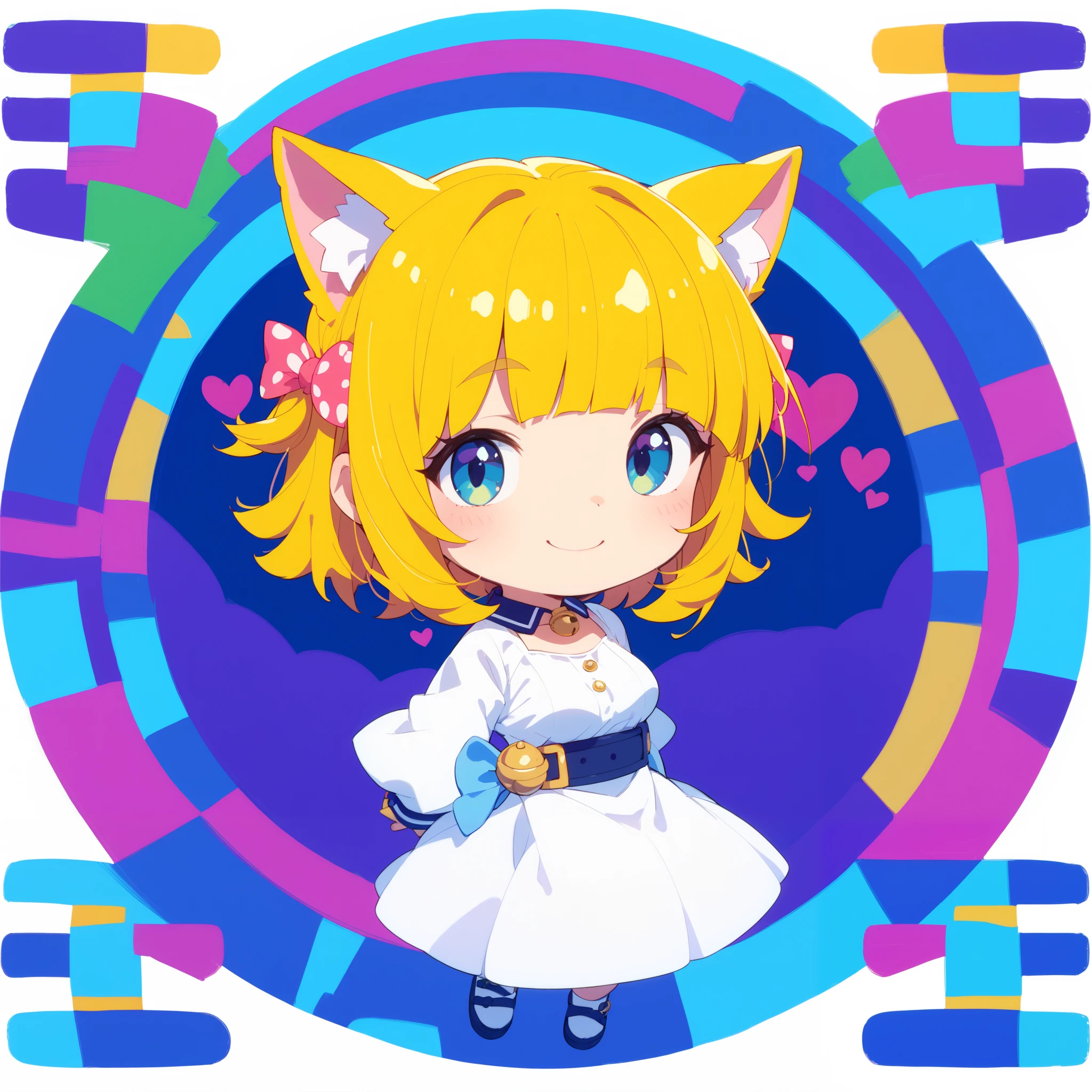 Cat ears、 bob cut blonde hair、 little character、smile、 big breasts、 white dress 、 vivid background 