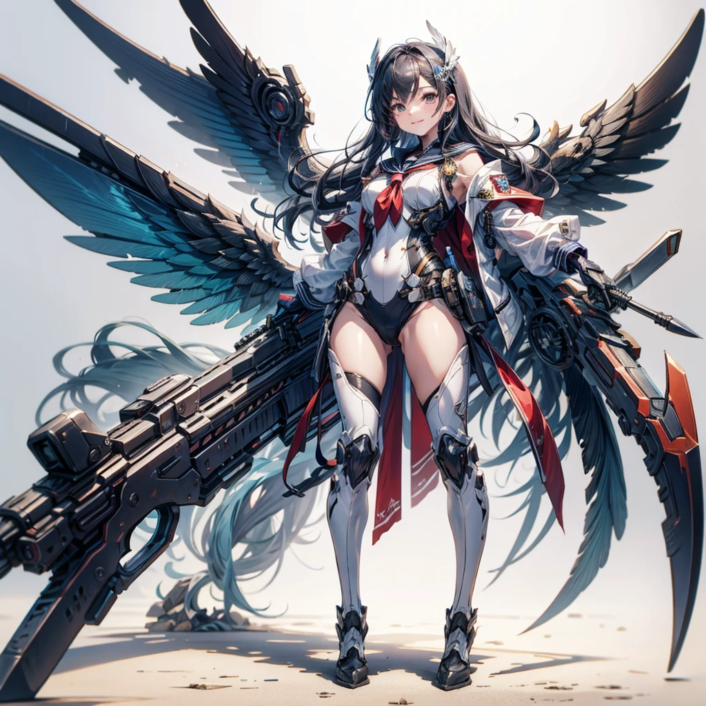 white hair, messy hair, long wavy hair, atmospheric perspective, 8k, super detail, best quality, cinematic lighting, masterpiece, Mechanical body, black steel body parts, large wings growing from its back, detailed face, detailed eyes, anime style, Her thighs are exposed and showing skin, Her upper arms are exposed and showing skin, rifle, Hold the rifle and aim