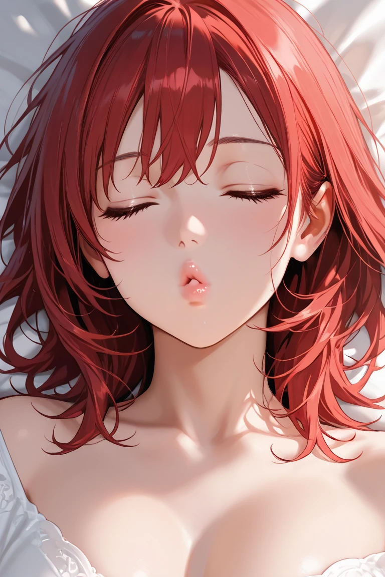 on the bed, rating_explicit, uncensored, source_anime, detailed eyes, Nausicaa, red hair, large breasts, round ass, nude, pov, looking at viewer, face grab, blush, (open mouth), (tongue out), cum, cum in mouth, 1boy, pov, solo focus
