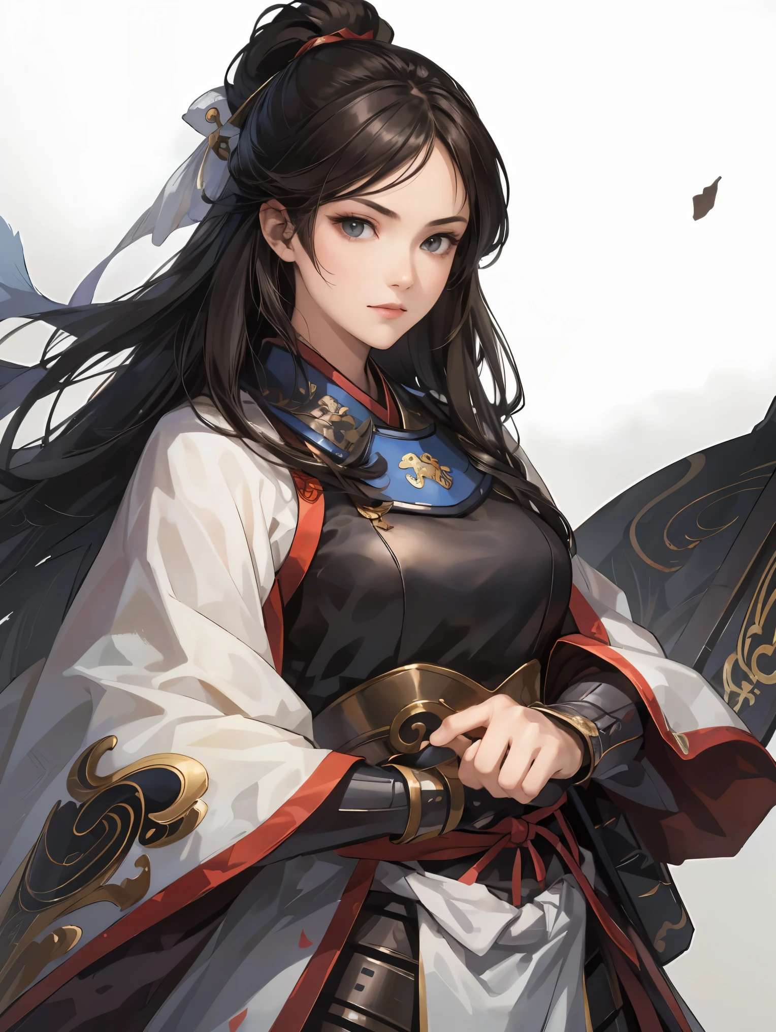 beautiful woman with dark hair :1.3, Gruwitz-Inspired Artwork , Hanfu,(( pure white background )), ( top quality), handsome,Beautiful female knight, 2. 5D CGI fantasy artwork, Detailed Digital Art, Extremely Amazing Artwork , Fan Art Best Art Station, (black velvet long cape),(warrior:1.2)( expressionless ),Exquisitely drawn hands 、 I'm putting my hands on my lower back, facing front、Chinese Armor, waist up、One woman、 faint smile 、White space above the head,Red Armor、