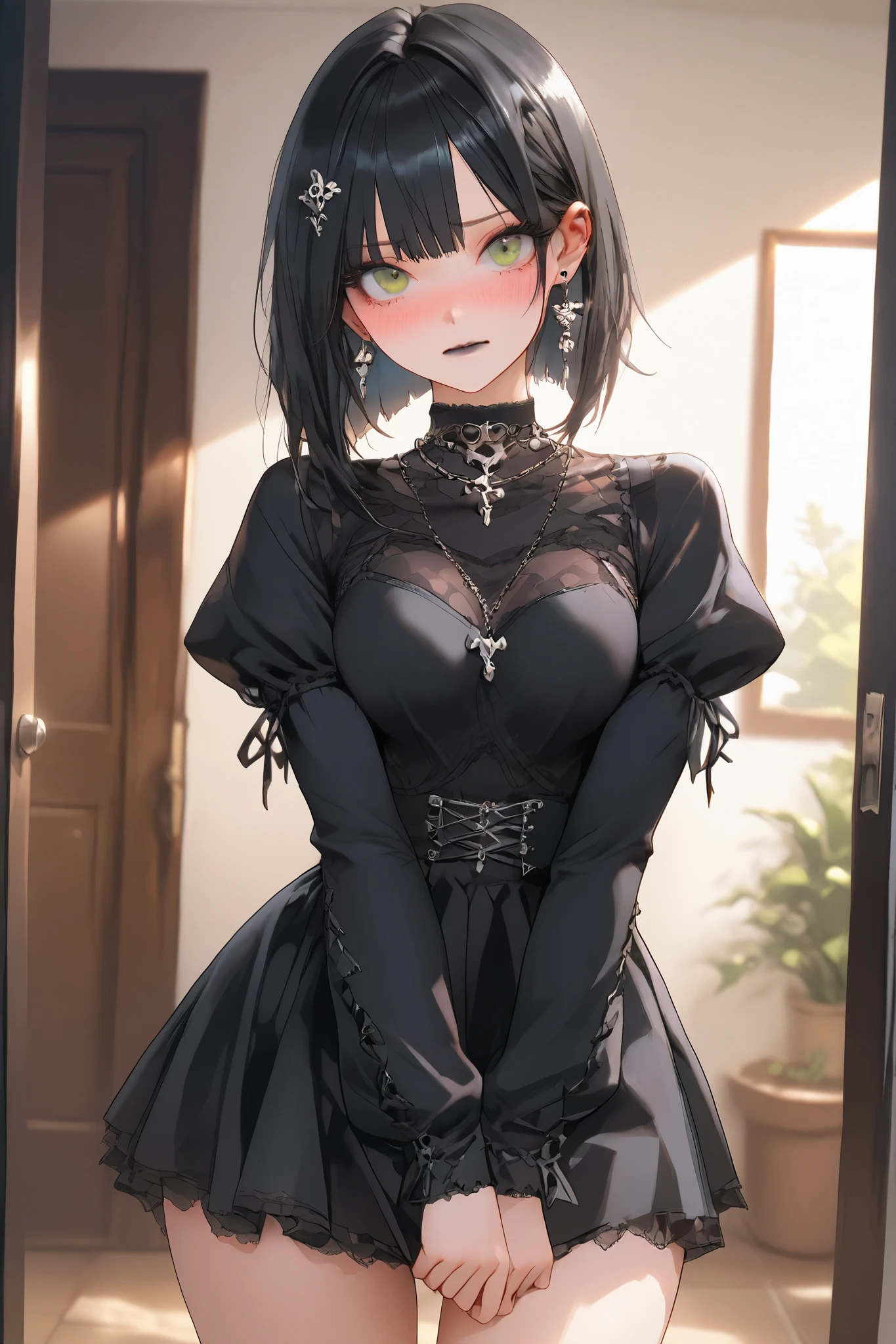 solo, girl on her front viewer, a lewd girl, girl making advances towards viewer, Goth girl, gothic make-up, gothic accessories, hair ornaments, black lipstick, long eyelashes, happy:0.7, ((long black hair)), eyes (detailed:1.8), green eyes, body with perfect curves, (young:1.1) girl, spicy clothes, medium waist, medium hips, thin thighs, medium nature boobs (boobs:1.0), (large ass:1.0), (embarrassed:1.2) girl, room, masterpiece, best quality, incredible quality, very aesthetic, absurd, newest, super detailed, extremely detailed