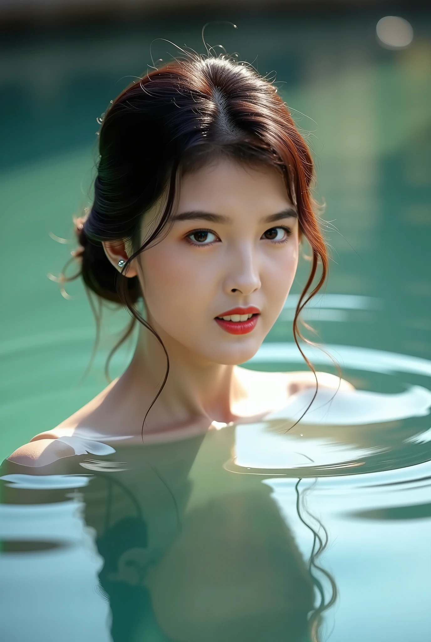 Beautiful Thai girl with a sweet face, 24 years old, is red lips in no clothes and nobody, large breasts, nipple, diving in a lotus pond. Playing in the water chasing big fish in a lotus pond, Tumblr, beautiful and realistic photo taken with a DSLR camera outdoors in natural light.