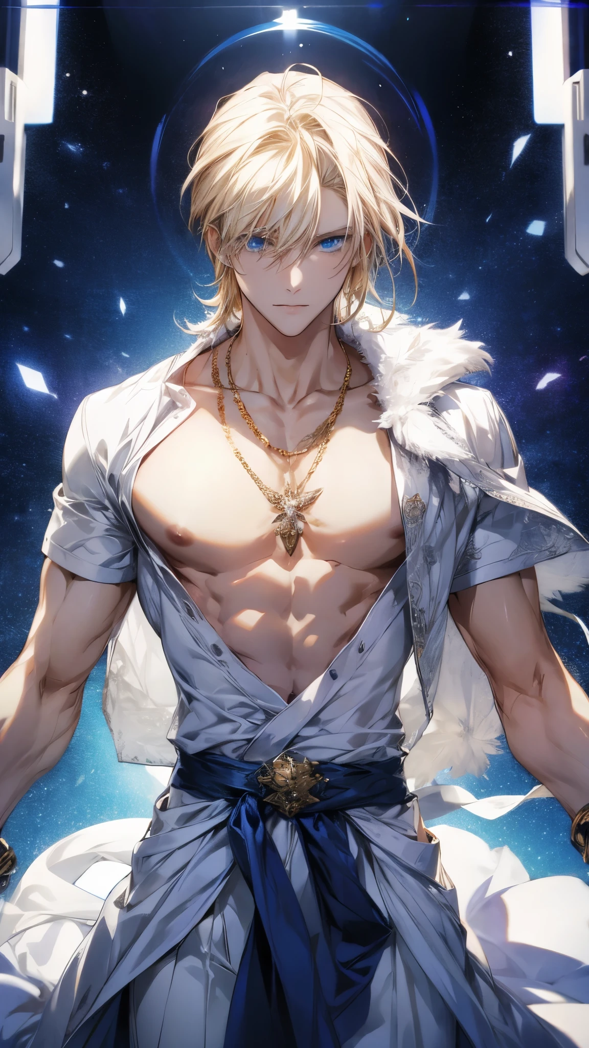 absurdres, highres, ultra detailed, HDR, master piece, Vash Stampede, spiked blonde hair, expressive blue eyes, bare chest, toned chest, Trigun, sexy man, room, handsome, best quality, flowers, fantasy, magical, solo, blue shining fireflies, blue petals, handsome smile,