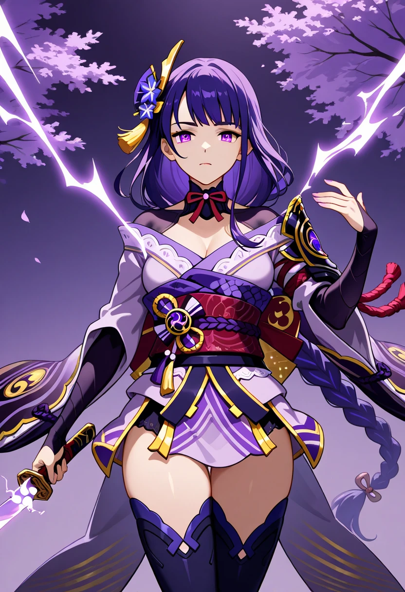 (masterpiece, finely detailed beautiful eyes: 1.2), high contrast, pastel colors, watercolor \(medium\),  (illustration:1.2), 1girl, solo, (raiden shogun:1.4), purple hair, purple eyes, bangs, braid, braided ponytail, breasts, hair ornament, japanese clothes, kimono, sash,red sash , (detailed background:1.4), (torii:1.4), (thighs:1.4), volumetric lighting, hyper detailed, highly detailed, beautiful, small details, ultra detailed, best quality, intricate, sharp, digital illustration, detailed, intricate, 4k, 8k, good anatomy, beautiful lighting, award-winning, highres, (extremely detailed CG, unity, 8k wallpaper:1.1), beautiful face, highly detailed face, zoomout, colorful, vibrant colors, nail polish, (glow:1.4)