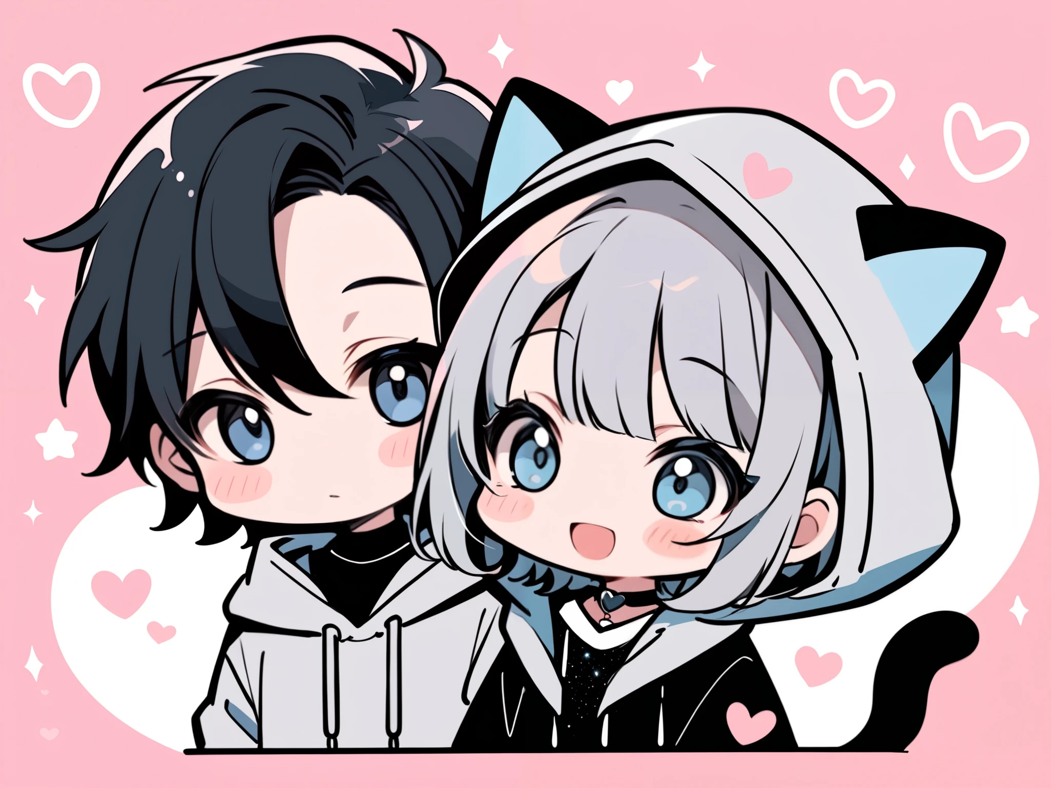lovers 1 male and 1 female 、 super cute with a hood and oversized hoodie , black hair, short hair, blue eyes , chibi , line art , pastel , My Makeup , handsome , upper body, face up , icon,Hold the gray cat
smile, open your mouth, blushes, glitter effect, heart,Kiss,gray cat