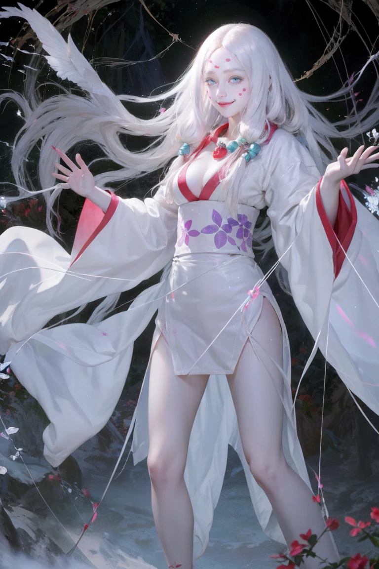 masterpiece, best quality, MTSpiderV4, 1girl, solo, white skin, long hair, breasts, beads, japanese clothes, ((white kimono)), silk, stone, forest, aurora borealis, spider web,