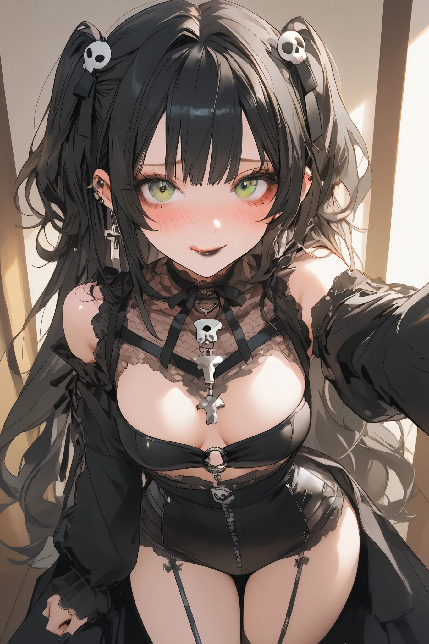 solo, girl on her front viewer, a lewd girl, girl making advances towards viewer, Goth girl, gothic make-up, gothic accessories, hair ornaments, ((black lipstick)), long eyelashes, happy:0.8, licking my lips, ((short black hair)), eyes (detailed:1.8), green eyes, body with perfect curves, (young:1.1) girl, spicy clothes, medium waist, medium hips, thin thighs, medium nature boobs (boobs:1.0), (large ass:1.0), (embarrassed:1.2) girl, room, masterpiece, best quality, incredible quality, very aesthetic, absurd, newest, super detailed, extremely detailed