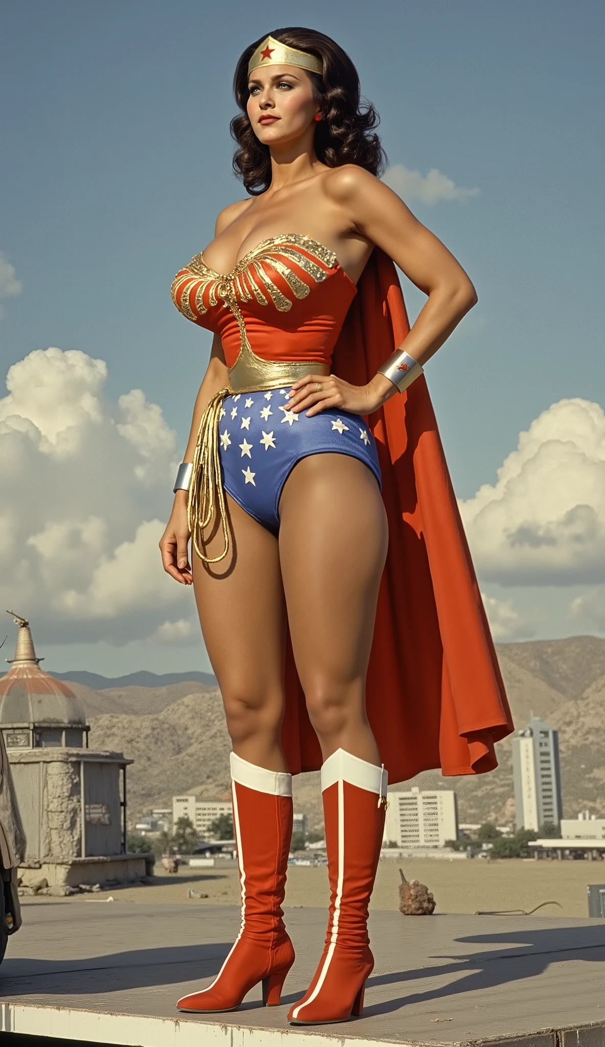 . A SEXY LYNDA CARTER AS THE ICONIC 1960 WONDER WOMAN, WEARING A SPANDEX WONDER WOMAN COSTUME, SPANDEX PATRIOTIC BLUE SKIRT. A RED PATRIOTIC CAPE, RED WONDER WOMAN BOOTS. HER GOLDEN LASSO ATTACHED TO THE SIDE OF HER HIP. CRYSTAL CLEAR ART, CELAN CRISP ART, 4K, 8K, MILLIONS OF TEXTURES AND DETAILS. COMIC BOOK STYLE ROPE PERIL SCENE" THRUSTING HER BUSTY CHEST