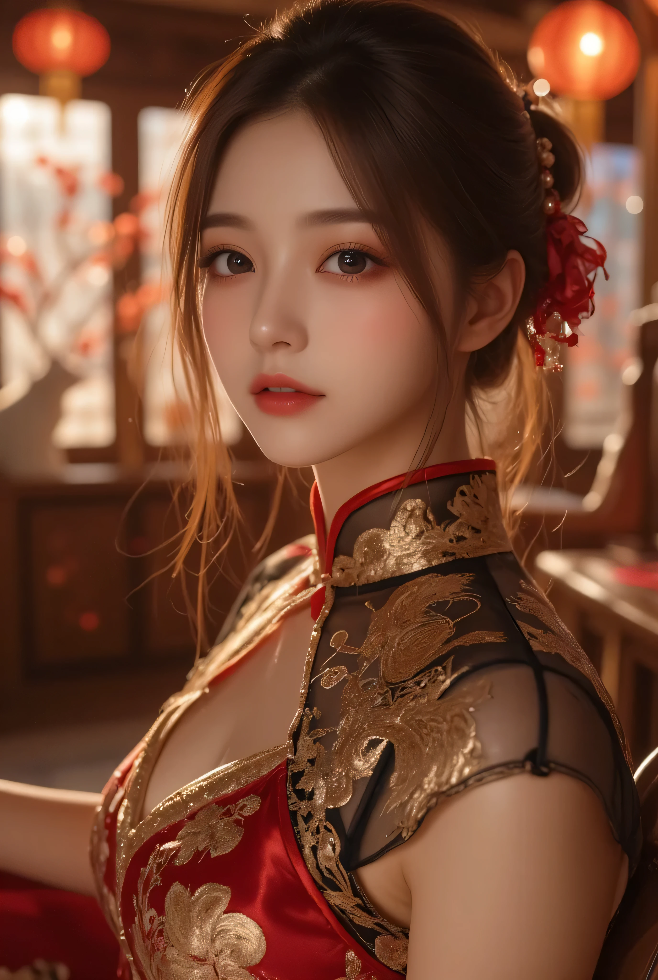 View from front bottom, A close-up, head-and-shoulders portrait of a beautiful Korean idol with fine facial features and a ponytail, wearing a red-black-green-blue-transparent-silver-gold short cheongsam with some black-transparent sections, adorned with intricate gold or silver phoenix and floral embroidery. She stands gracefully in a warmly lit room featuring a vintage fireplace and traditional Chinese New Year decorations, including vibrant red lanterns, decorative calligraphy scrolls, a small Chinese orange tree with golden ornaments, and several red envelopes scattered across the floor and hanging from the tree. Adorable, playful cats are part of the scene—some sitting near the tree, others curiously pawing at the red envelopes or lounging around. Through a window or an open door in the background, vibrant Chinese fireworks light up the night sky in an array of reds, golds, and blues, casting a magical glow into the room. The idol’s outfit is complemented by subtle accessories like red hairpins or earrings and a few pretty Chinese hair accessories, along with pink lipstick, enhancing her festive look. The atmosphere is warm and lively, filled with the joyful essence of the celebration, highlighted by dramatic, chiaroscuro lighting, deep contrast, pleasant colors, and intricate, elaborate patterns, creating a super-detailed, realistic 8K cinematic composition.