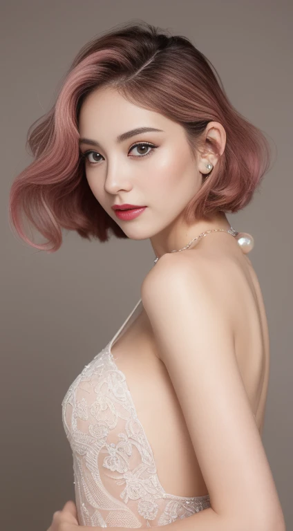 beautiful韓国人女性のクローズアップ, Gorgeous Girl, beautiful, Baby Face, 20-year-old, White skin, Red lipstick, Sensual lipstick, Huge breasts, Cinema Lighting, Futuristic, ((Cleavage)), White gold classy lace G-string, Rose Eye, muscle, Bokeh, masterpiece, Medium Bob, Rose Gold Hair, smile, Sensational Makeup