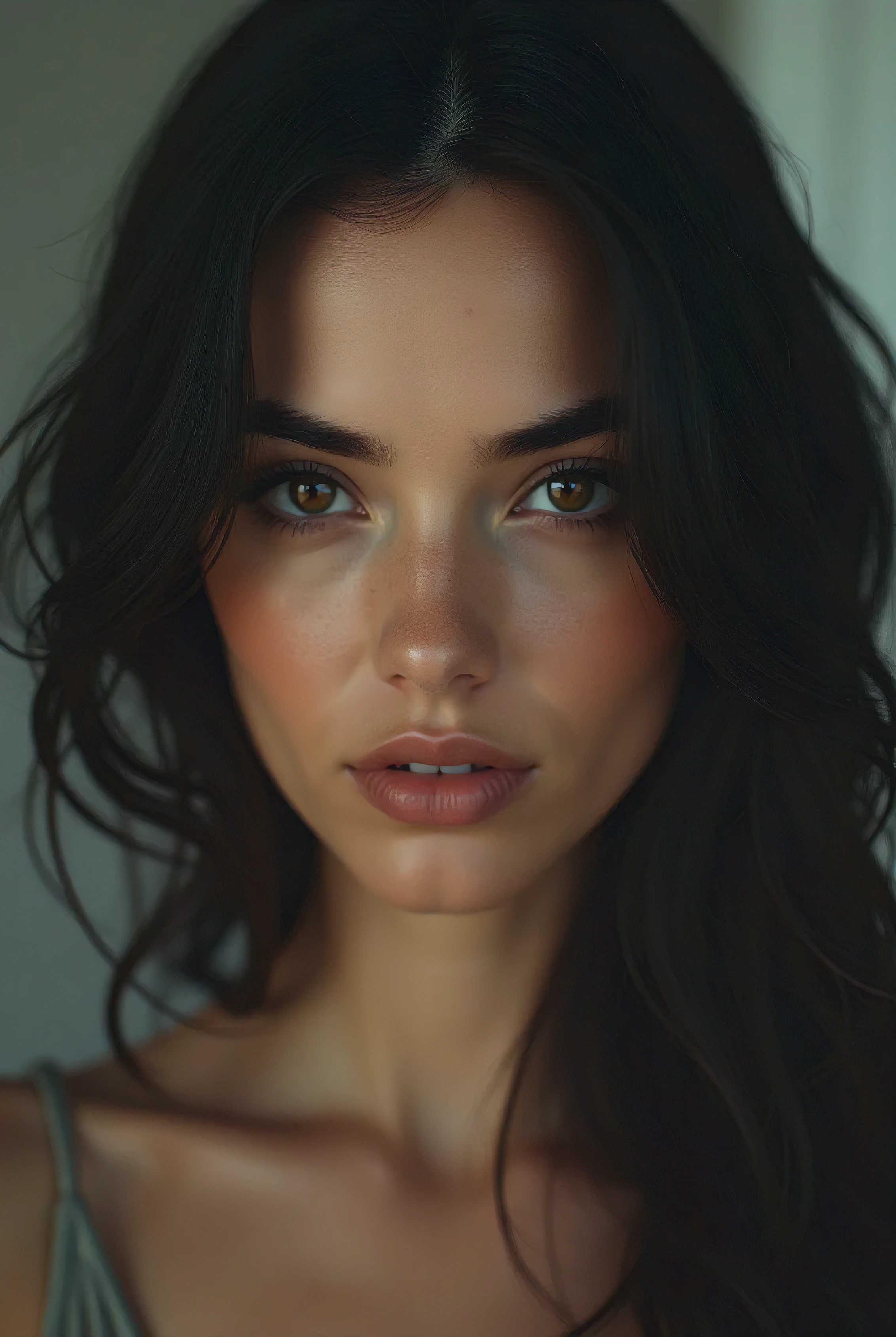 A close up of a woman with long hair and a green top - SeaArt AI